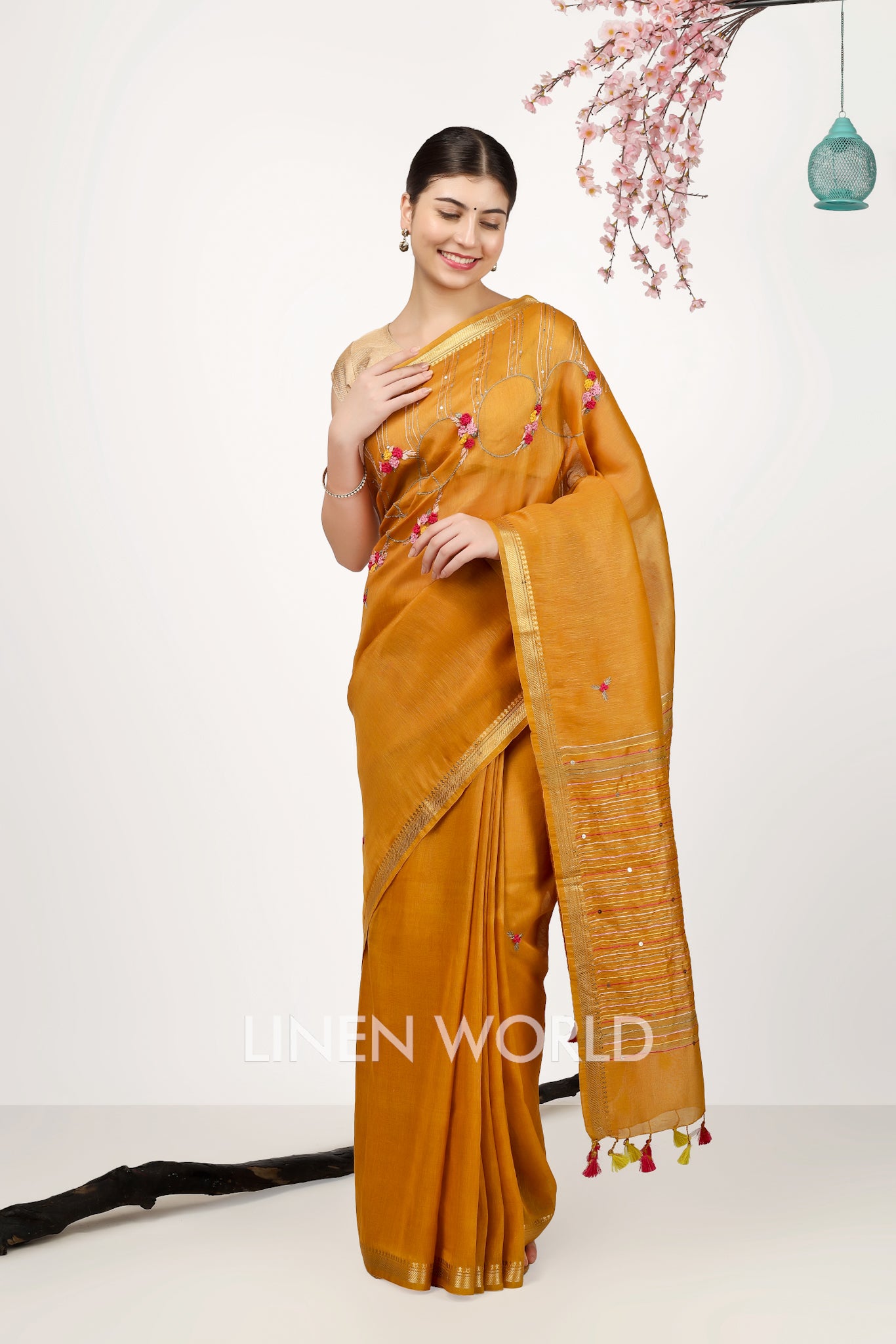 nida - french knot dull orange silk linen sari - linenworldonline.in