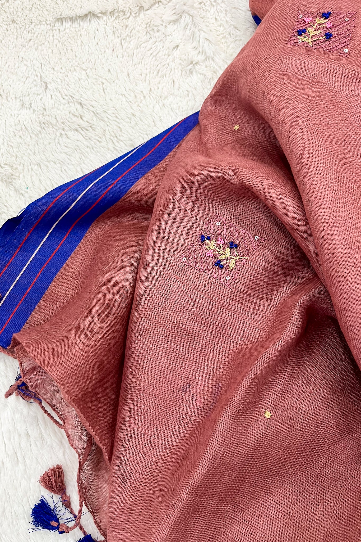nousheen: brown french knot hand embroidery linen saree - linenworldonline.in