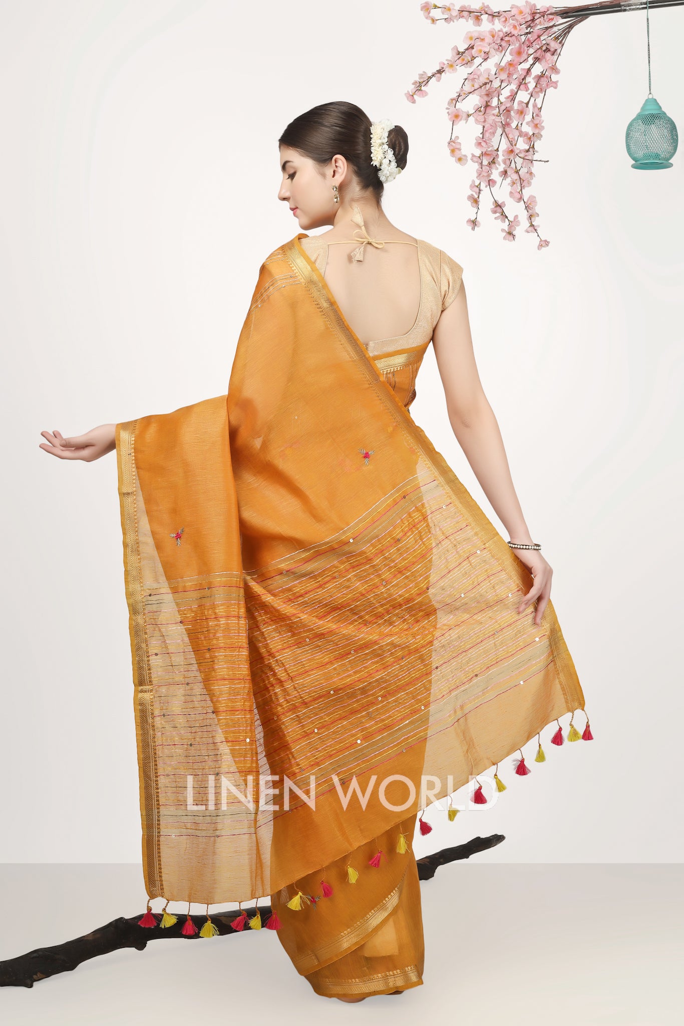 nida - french knot dull orange silk linen sari - linenworldonline.in