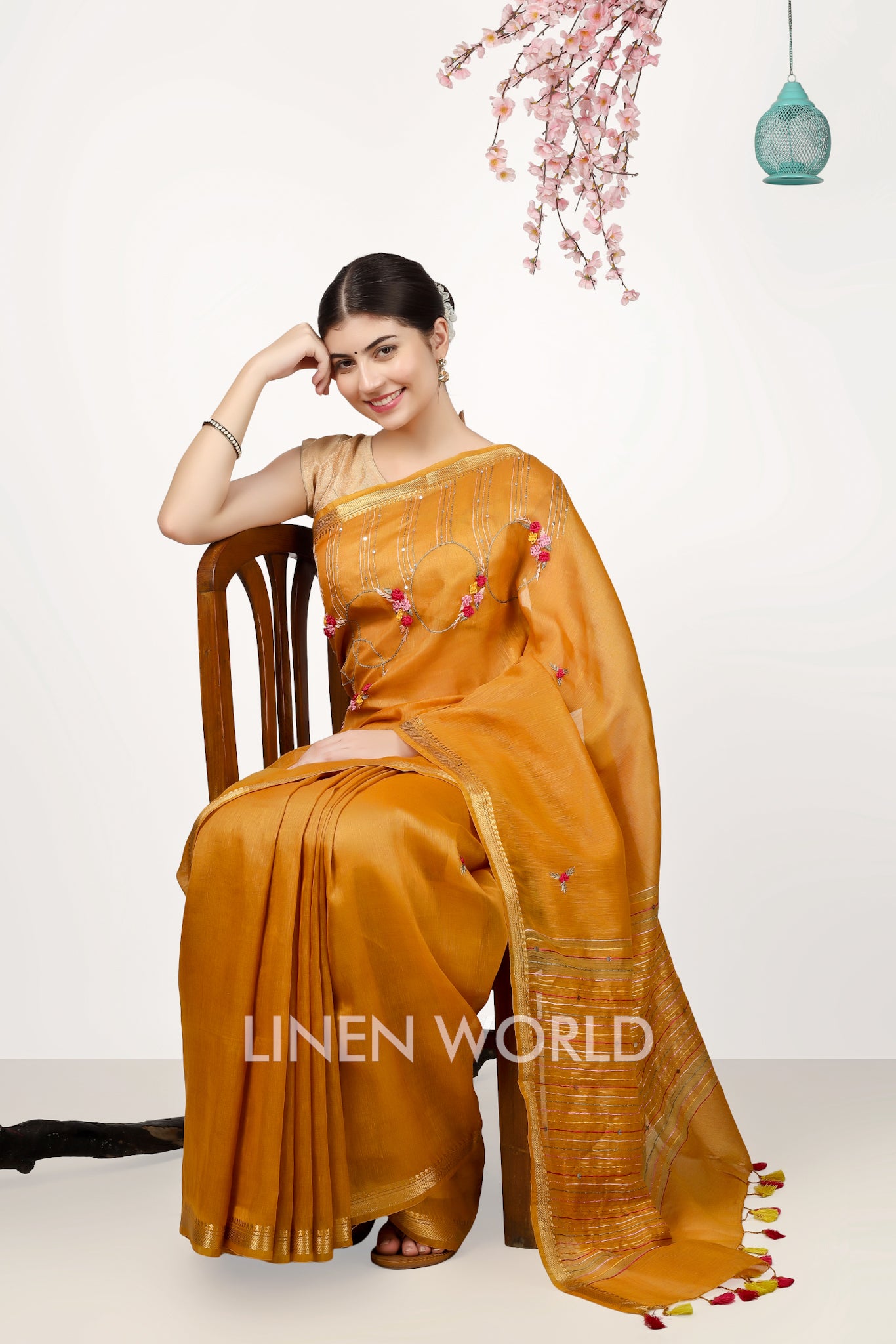 nida - french knot dull orange silk linen sari - linenworldonline.in