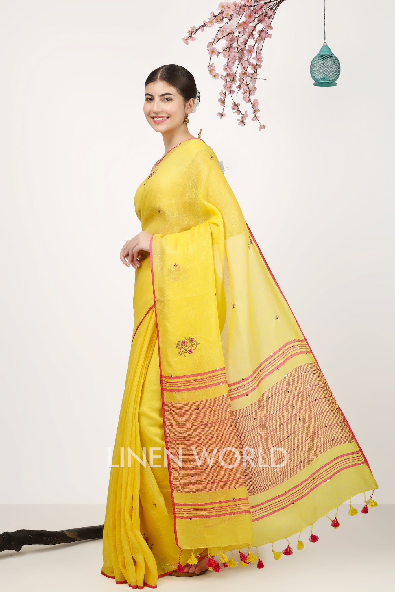 Ishanvi - french knot hand embroidered pure linen sari - linenworldonline.in