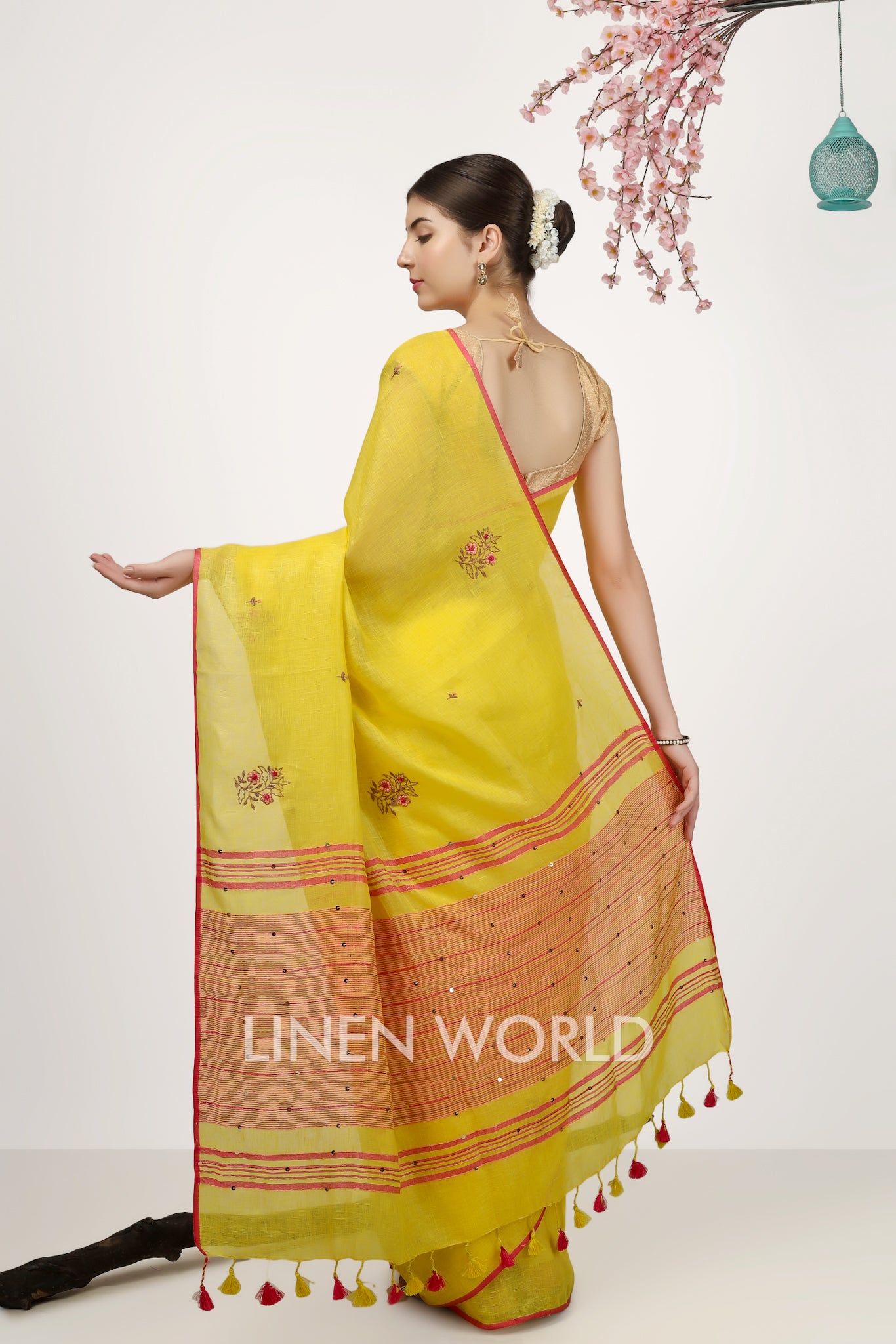 Ishanvi - french knot hand embroidered pure linen sari - linenworldonline.in