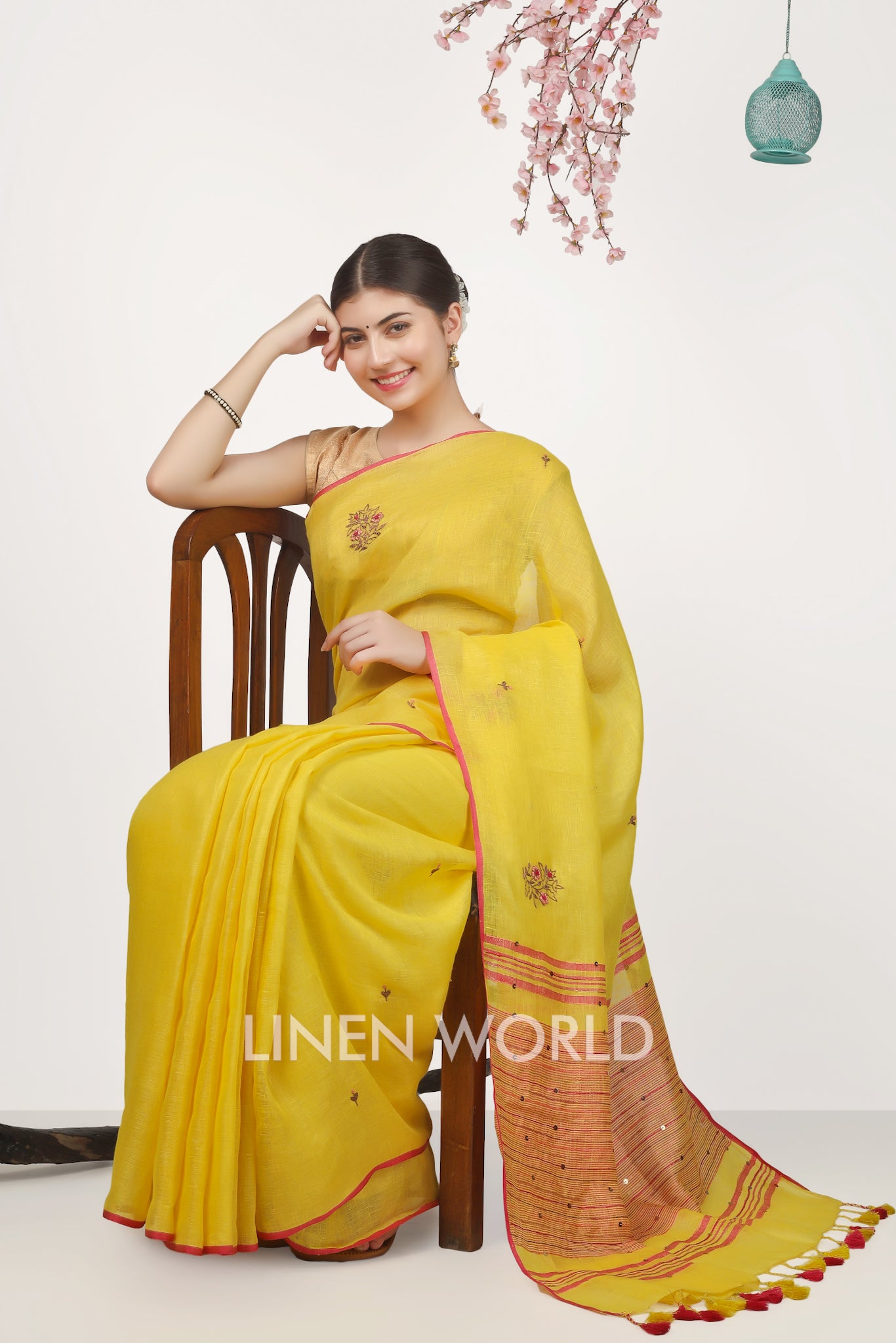 Ishanvi - french knot hand embroidered pure linen sari - linenworldonline.in