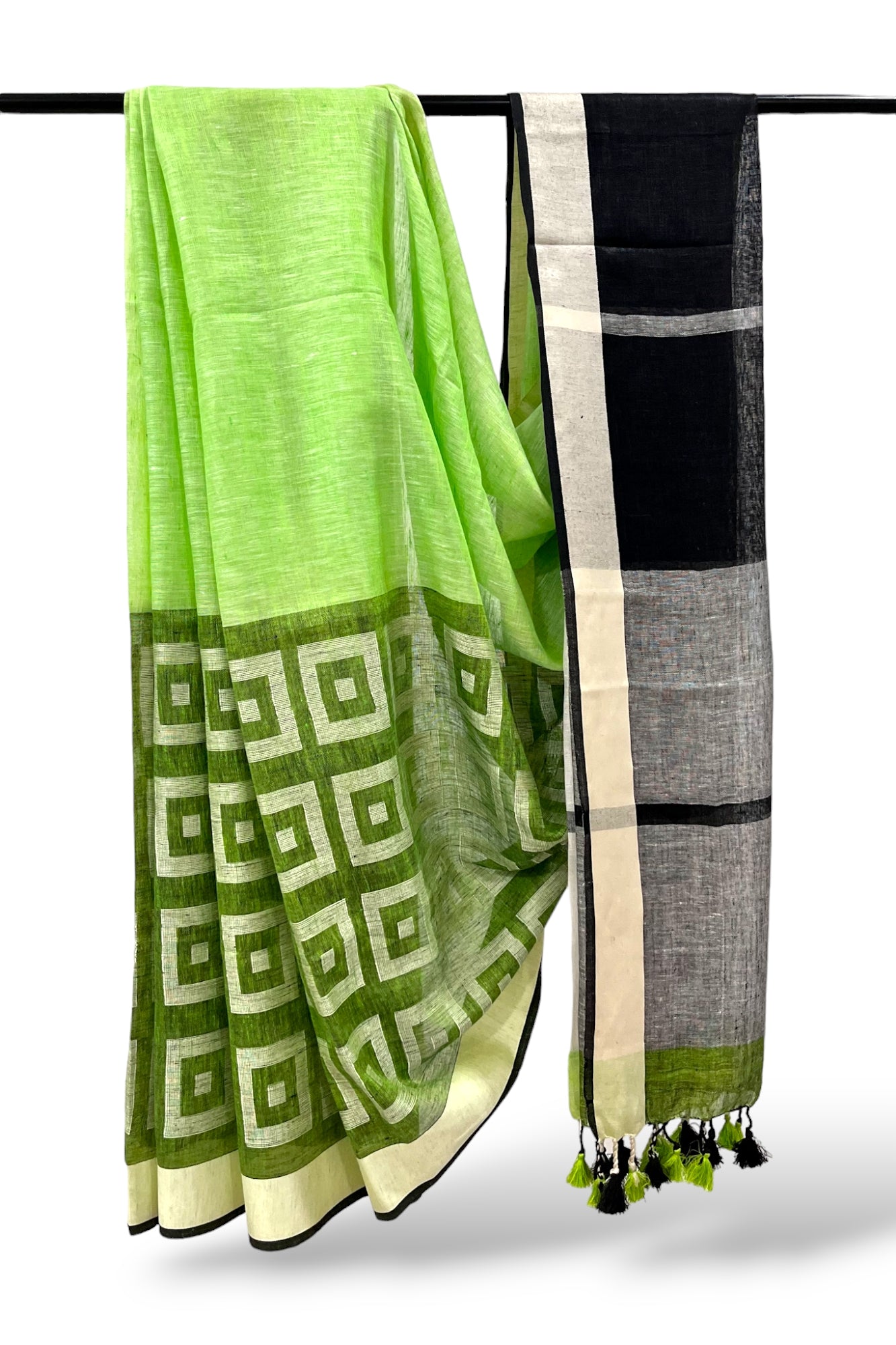 green dobby woven pure linen saree - linenworldonline.in