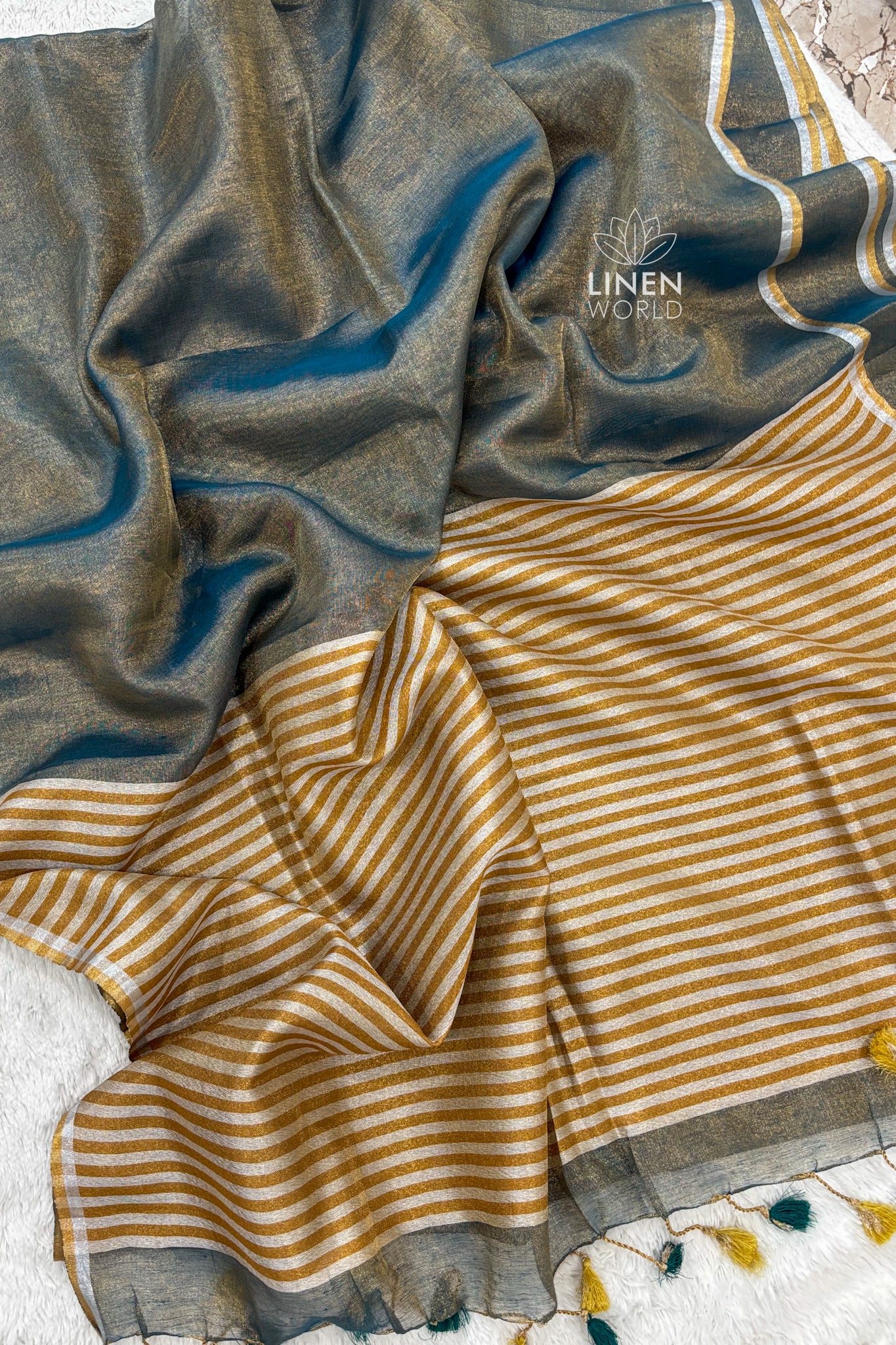 exclusive blue tissue linen saree - linenworldonline.in