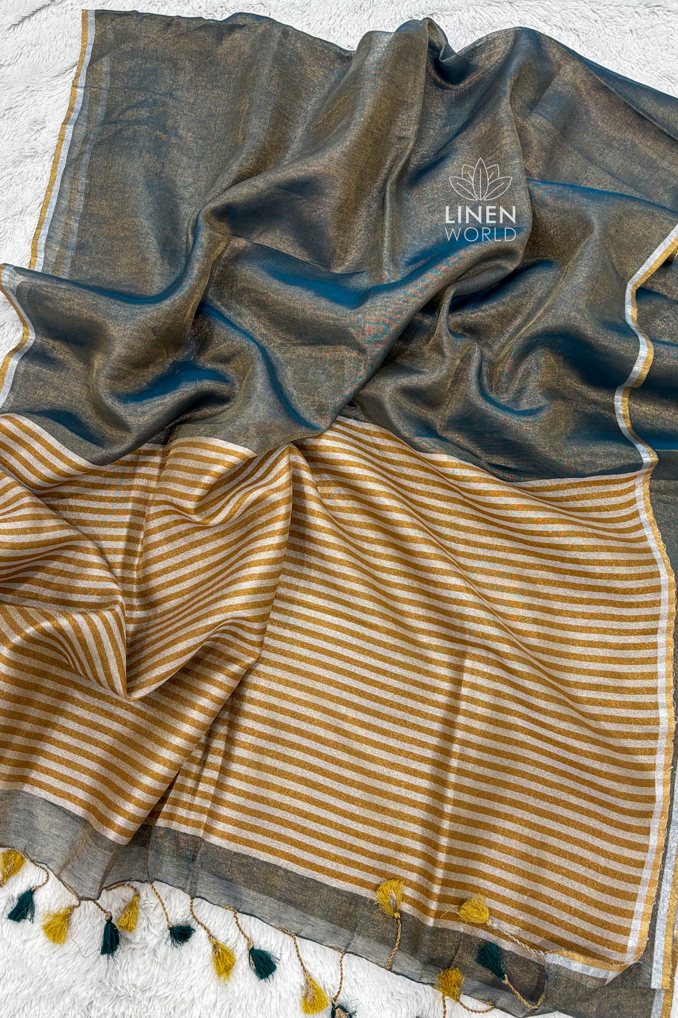 exclusive blue tissue linen saree - linenworldonline.in