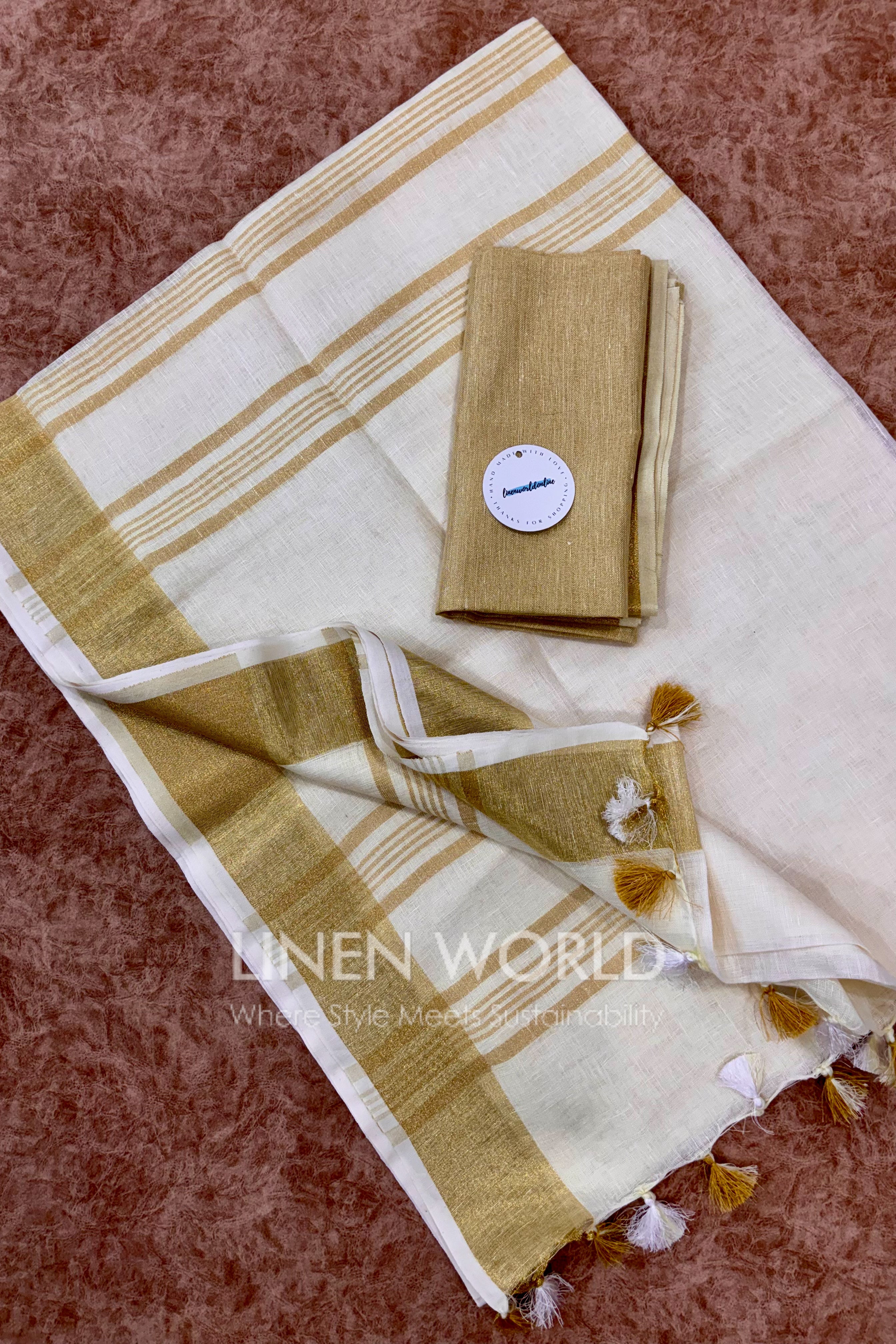 onam special cream linen saree with gold border - linen world
