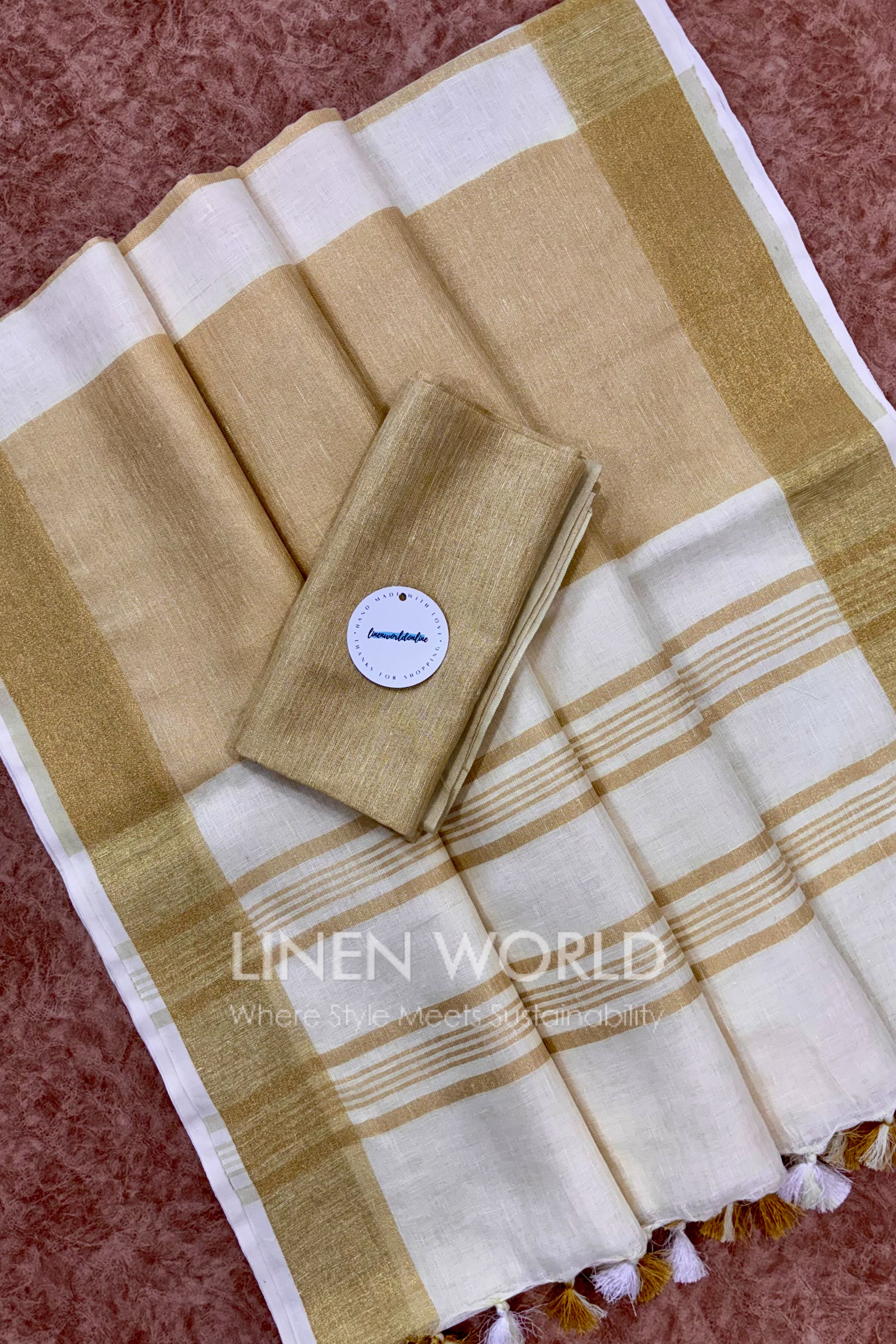 onam special cream linen saree with gold border - linen world