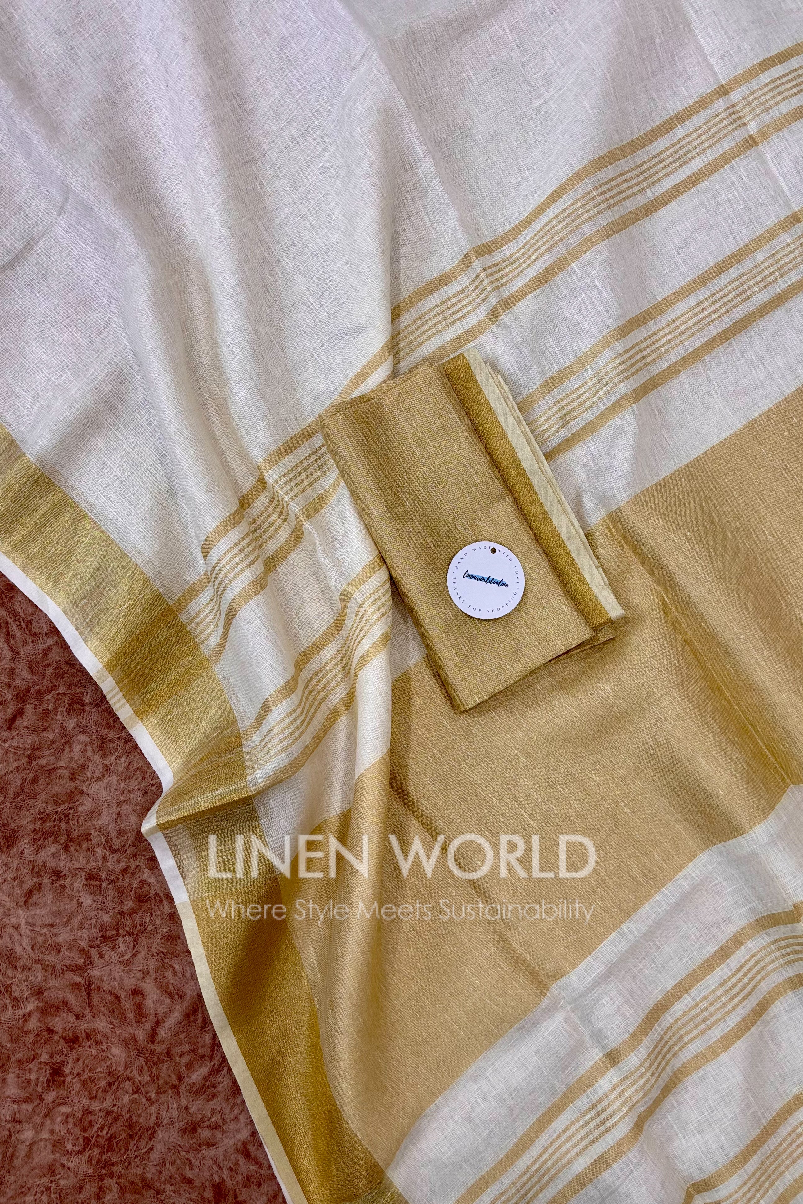 onam special cream linen saree with gold border - linen world