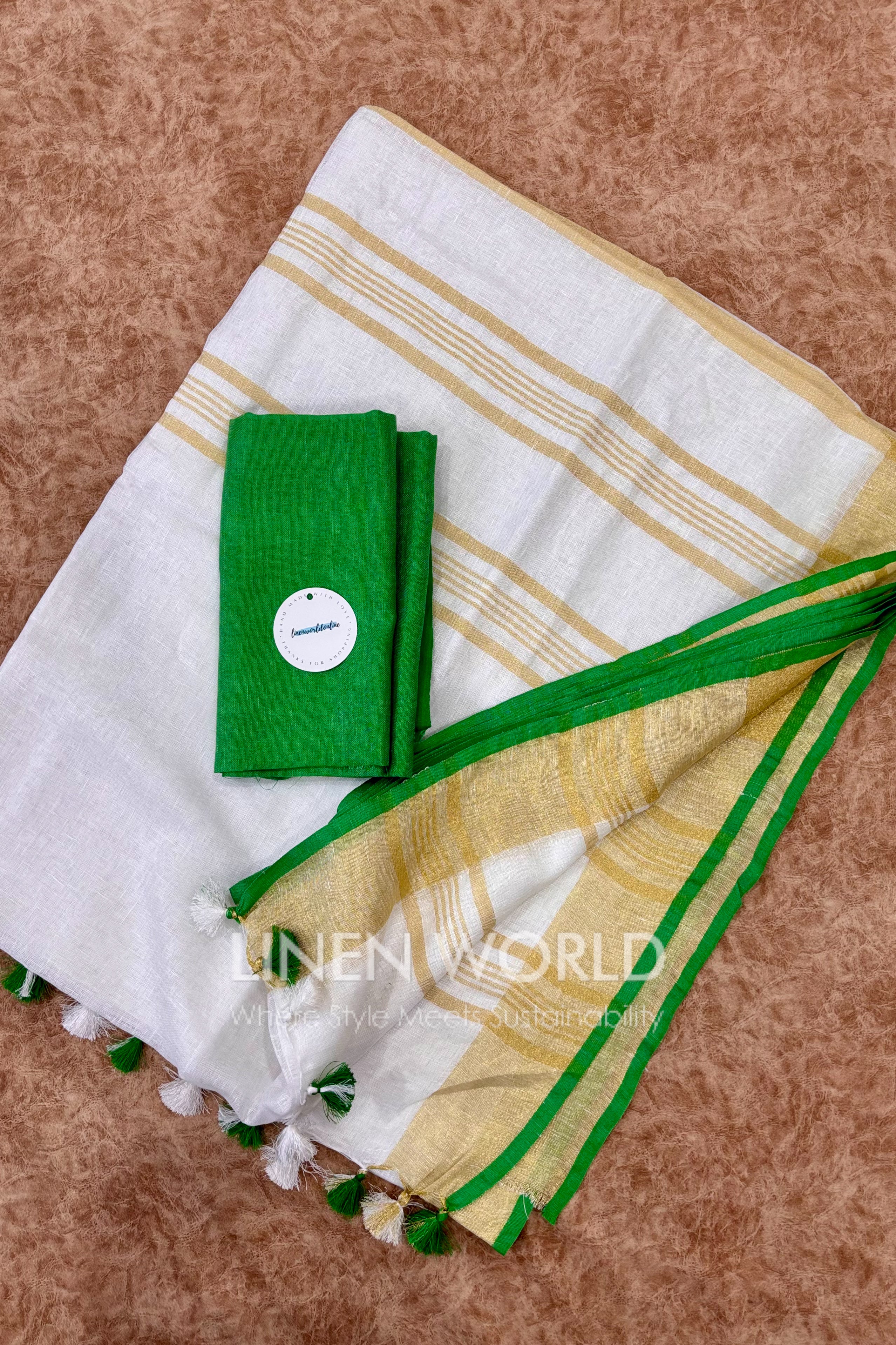 white pure linen saree with green border - linen world