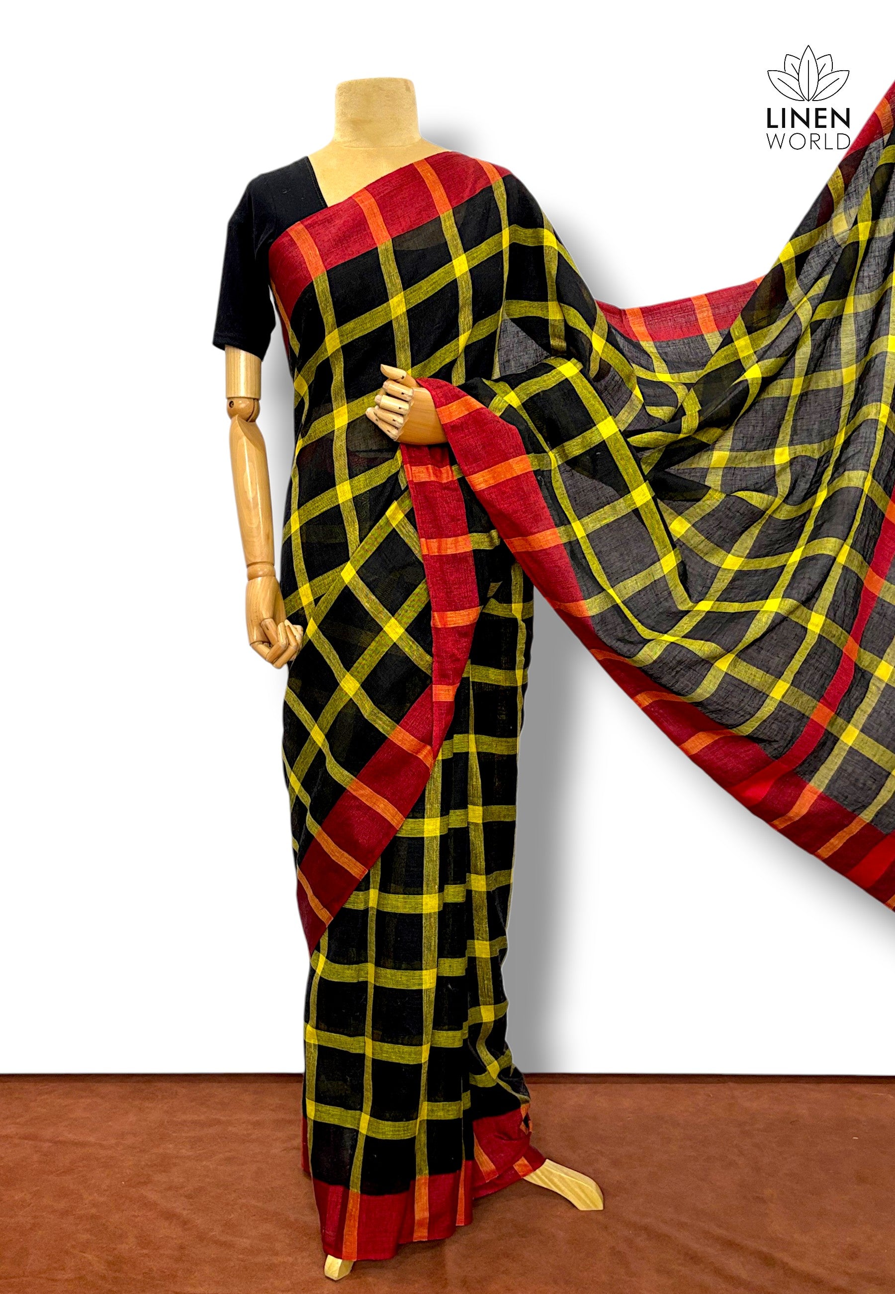 organic pure linen checkered saree - linen world
