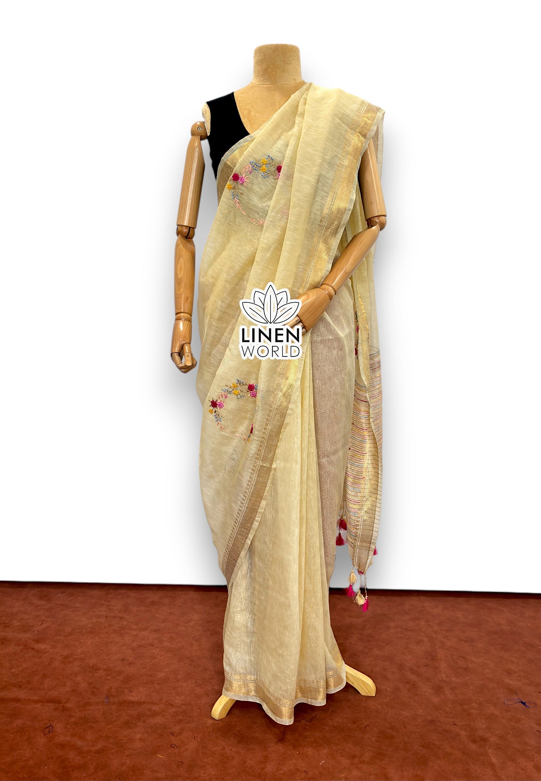off white french knot silk linen saree - linen world