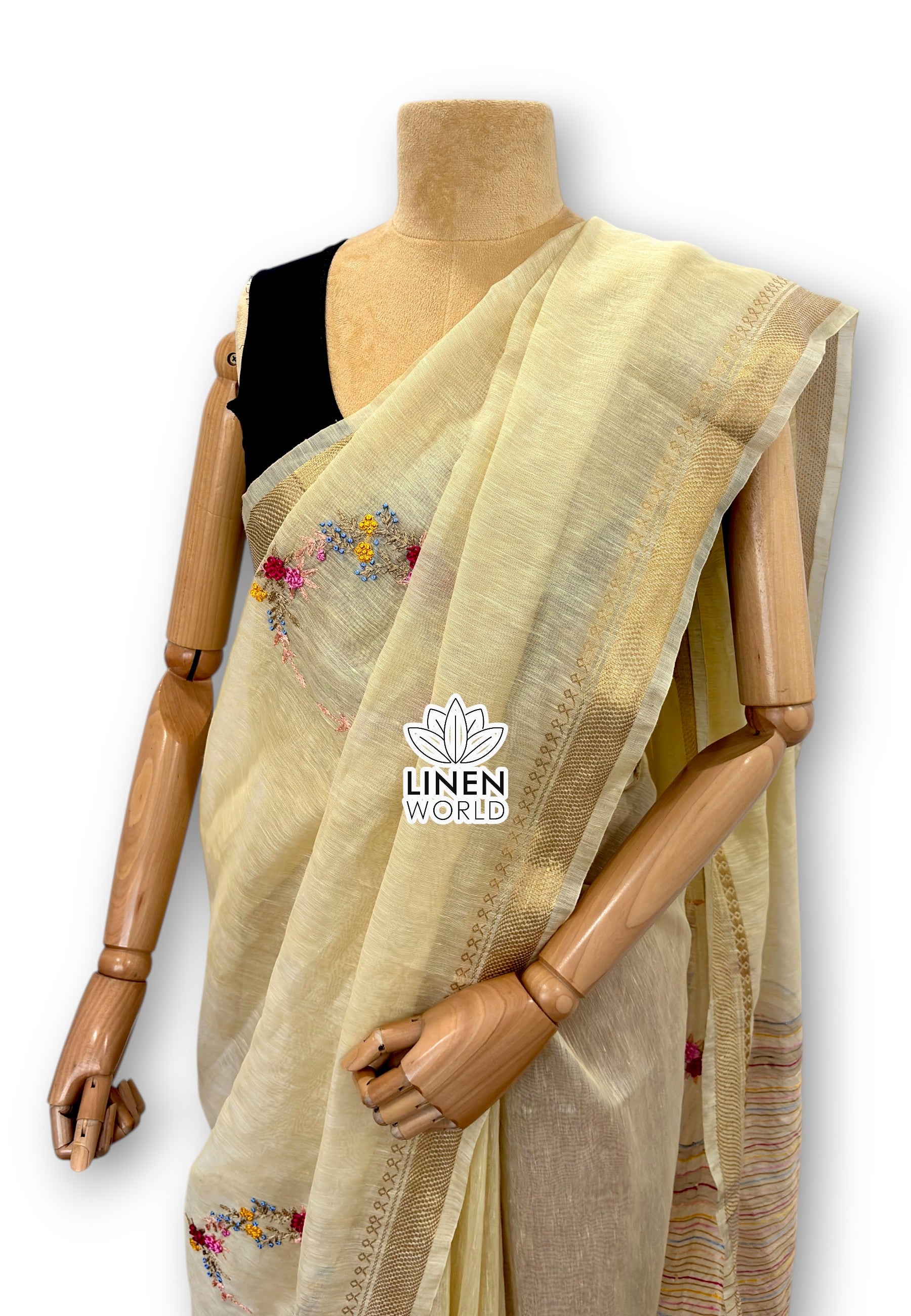 Onam special French knot silk linen saree - linen world
