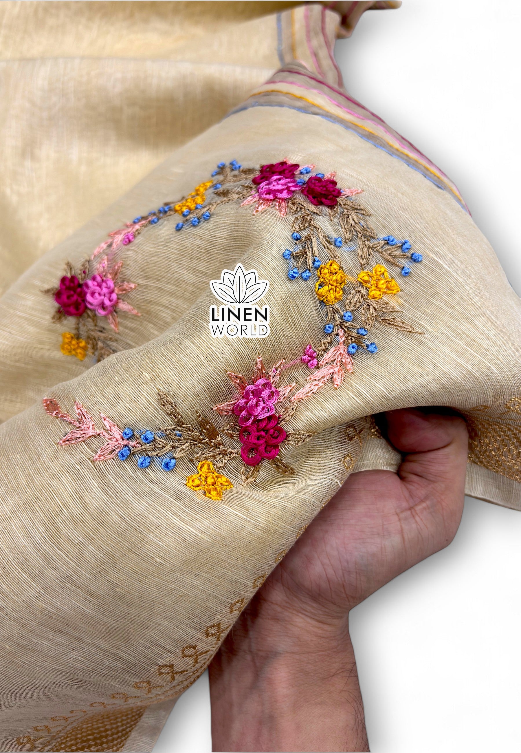 Onam special French knot silk linen saree - linen world