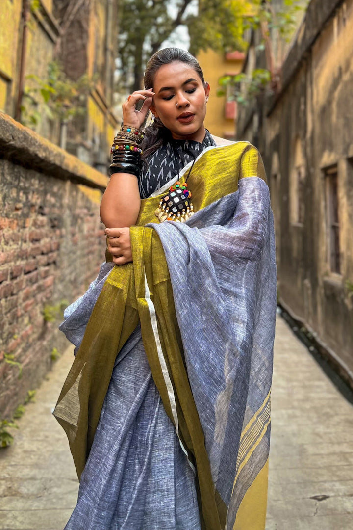 grace - broad gold zari border pure linen saree - linenworldonline.in
