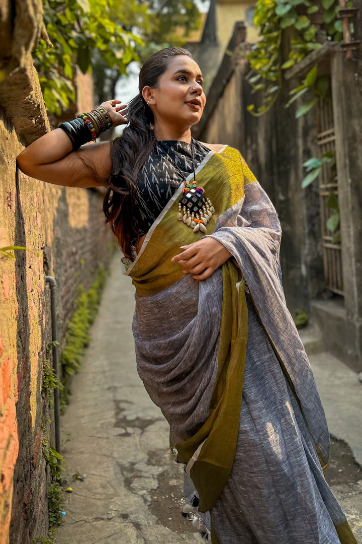 grace - broad gold zari border pure linen saree - linenworldonline.in