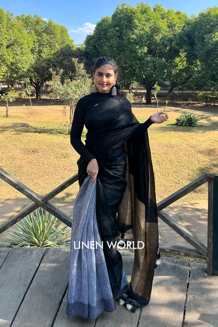 black grey partly woven organic linen saree - linenworldonline.in