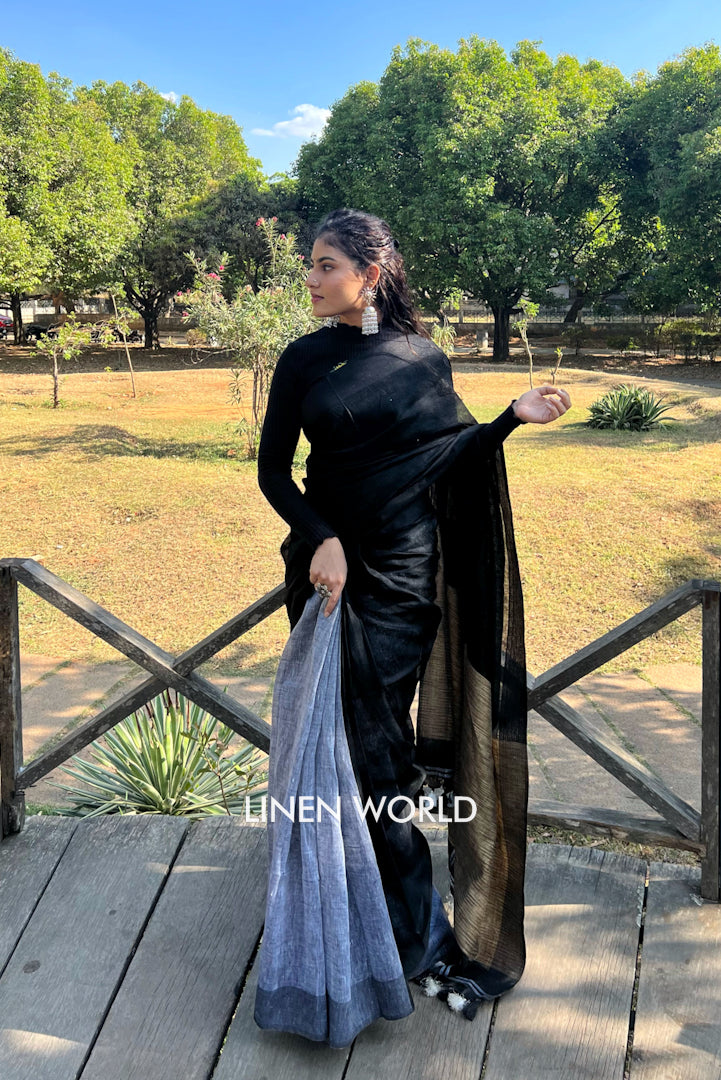 black grey partly woven organic linen saree - linenworldonline.in