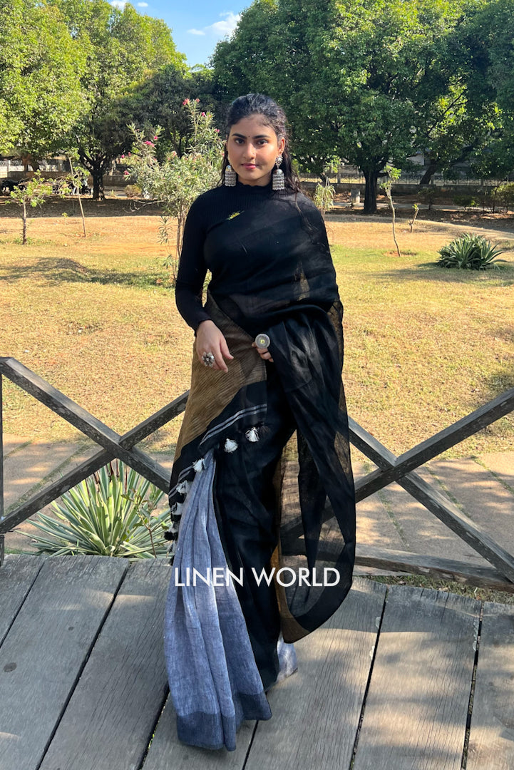 black grey partly woven organic linen saree - linenworldonline.in
