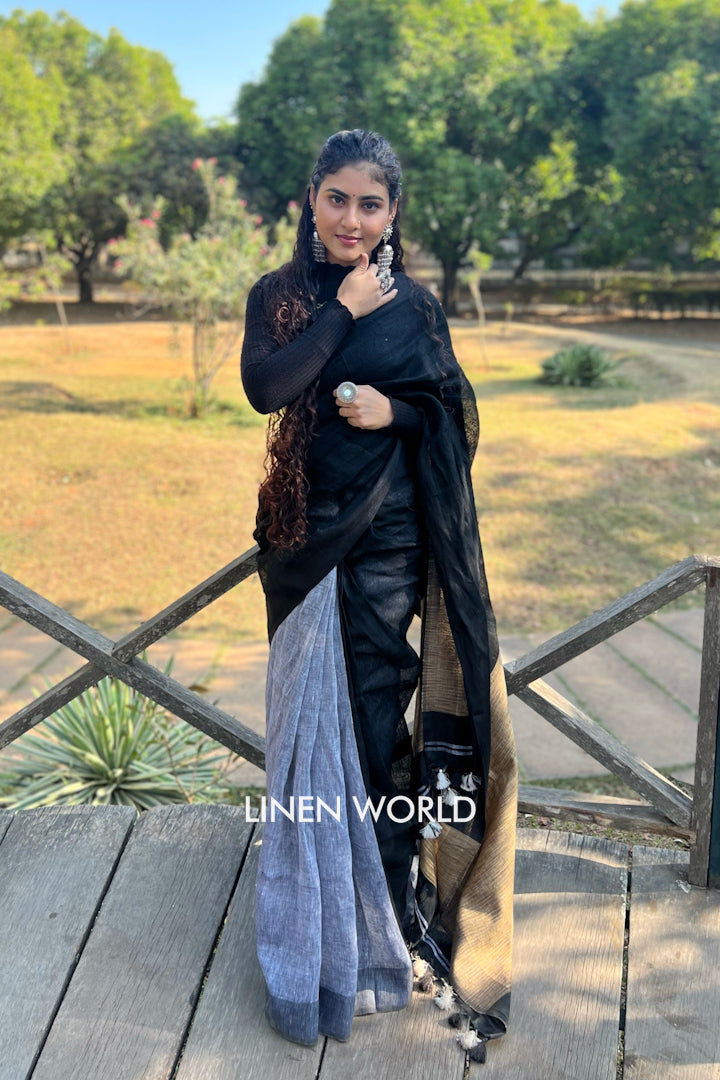 black grey partly woven organic linen saree - linenworldonline.in