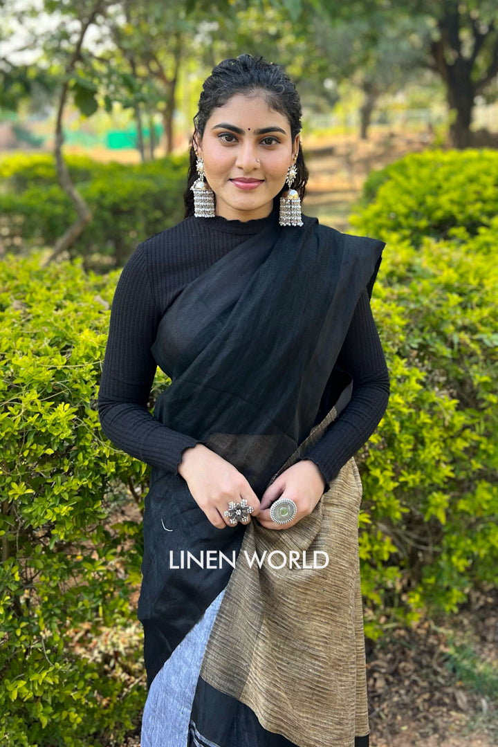 black grey partly woven organic linen saree - linenworldonline.in
