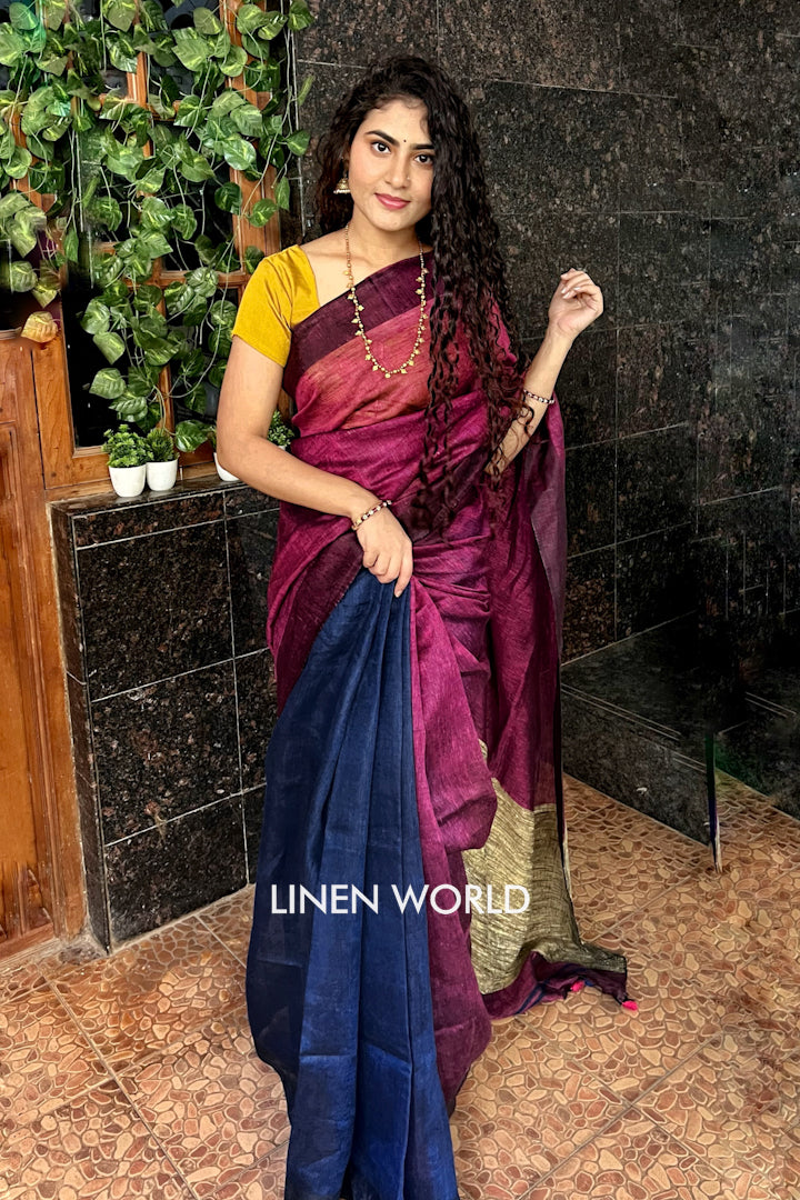 blue pink partly woven organic linen saree - linenworldonline.in