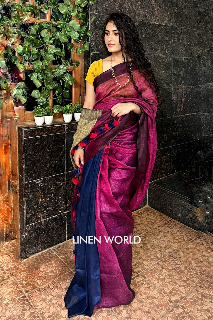 blue pink partly woven organic linen saree - linenworldonline.in