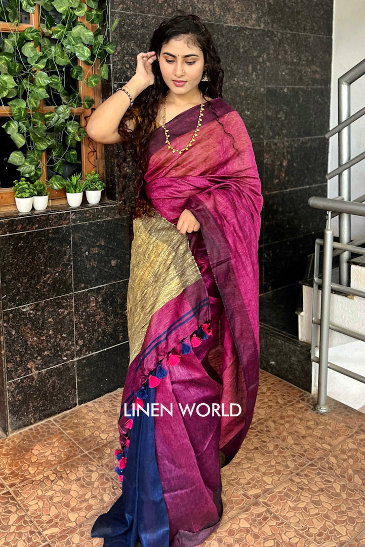 blue pink partly woven organic linen saree - linenworldonline.in