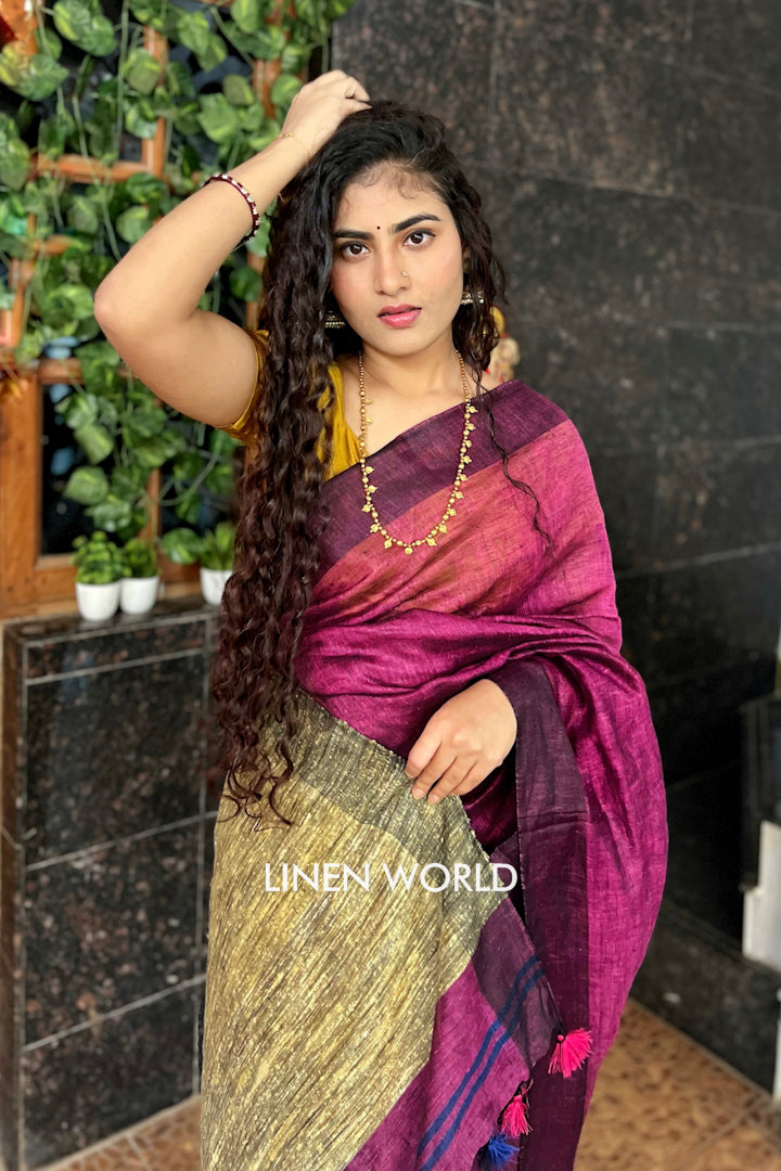 blue pink partly woven organic linen saree - linenworldonline.in