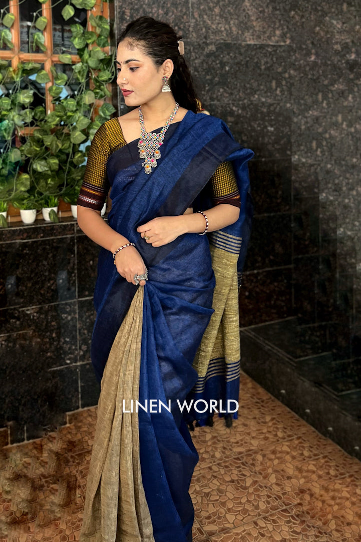 blue beige partly woven organic linen saree - linenworldonline.in