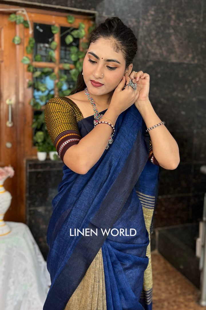blue beige partly woven organic linen saree - linenworldonline.in