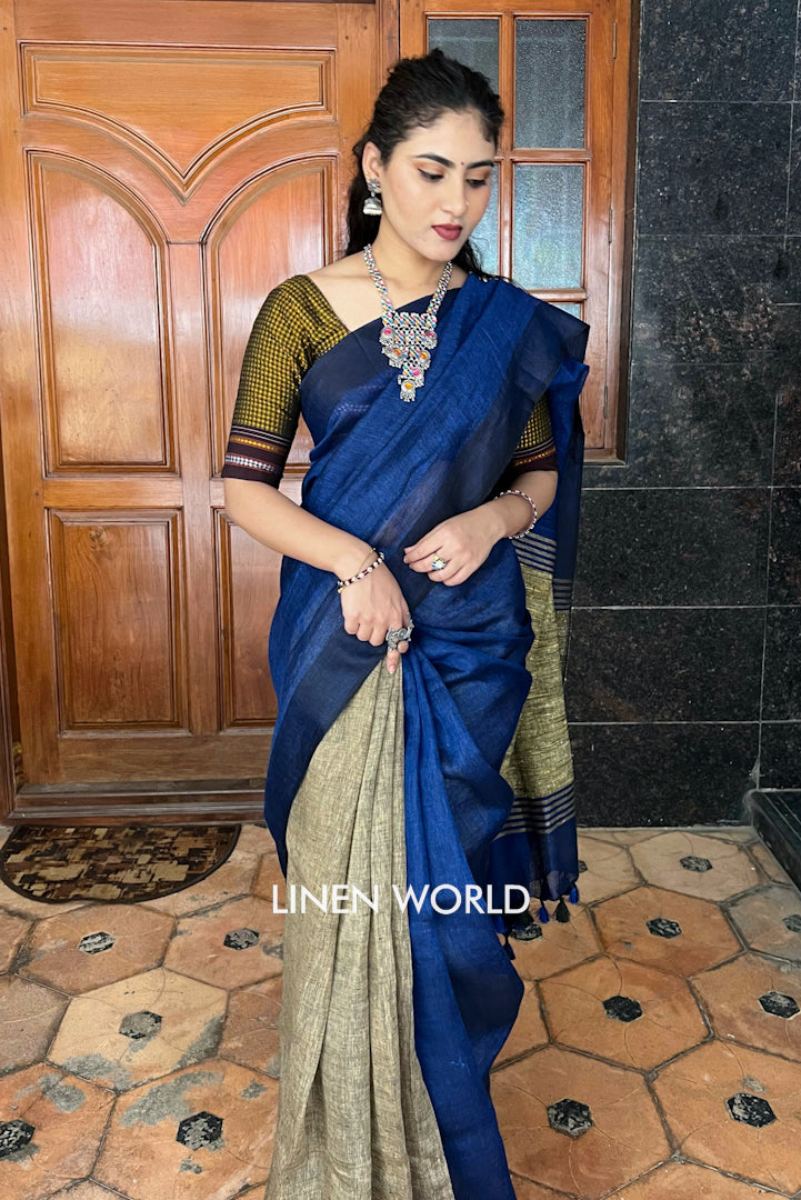 blue beige partly woven organic linen saree - linenworldonline.in