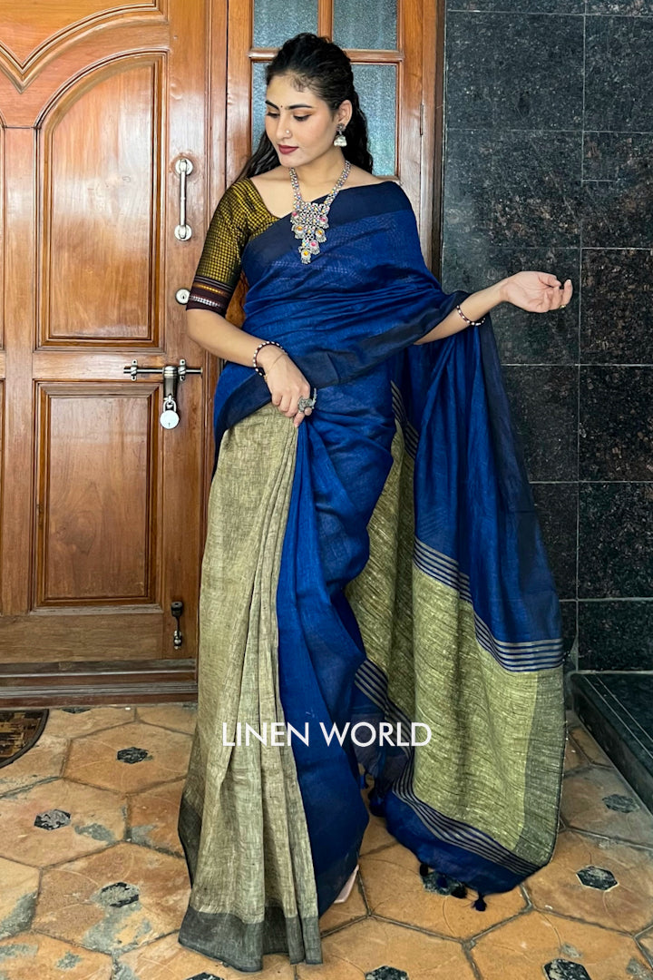 blue beige partly woven organic linen saree - linenworldonline.in