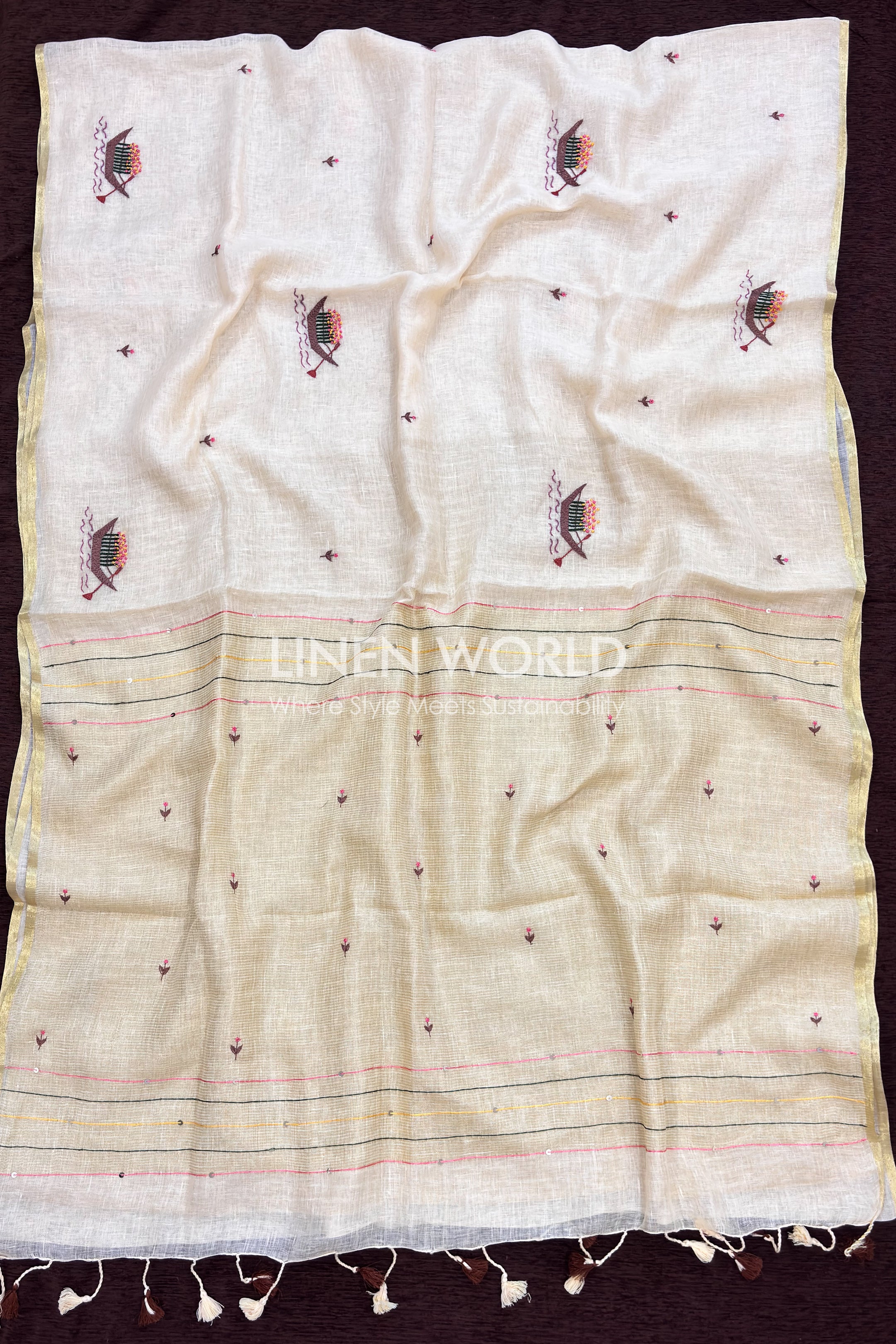 Pure linen saree with hand embroidered flower boat motif inspired by Kerala backwaters, Onam 2026 collection by Linen World