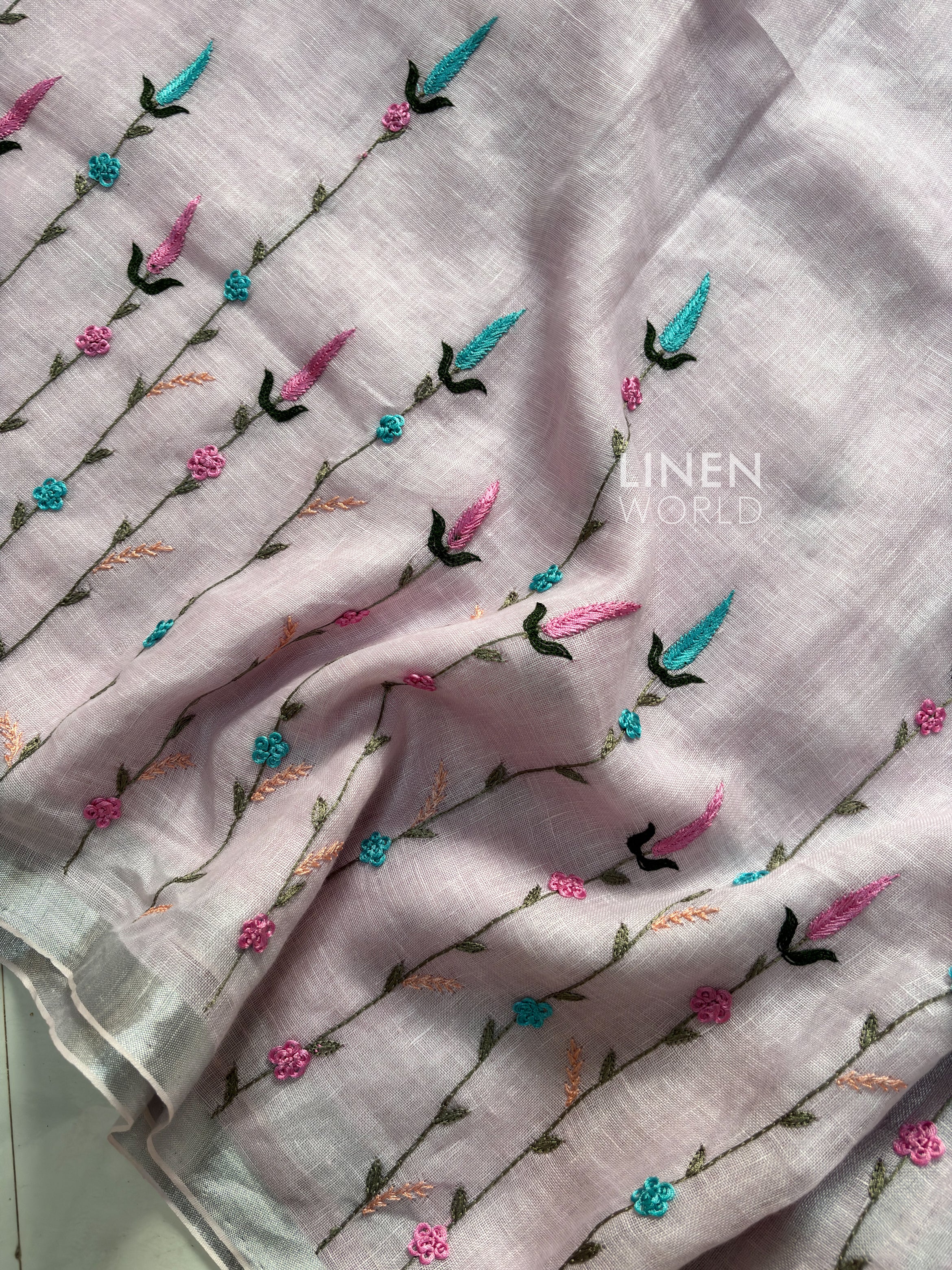 baby pink pure linen saree with French knot embroidery - linen world