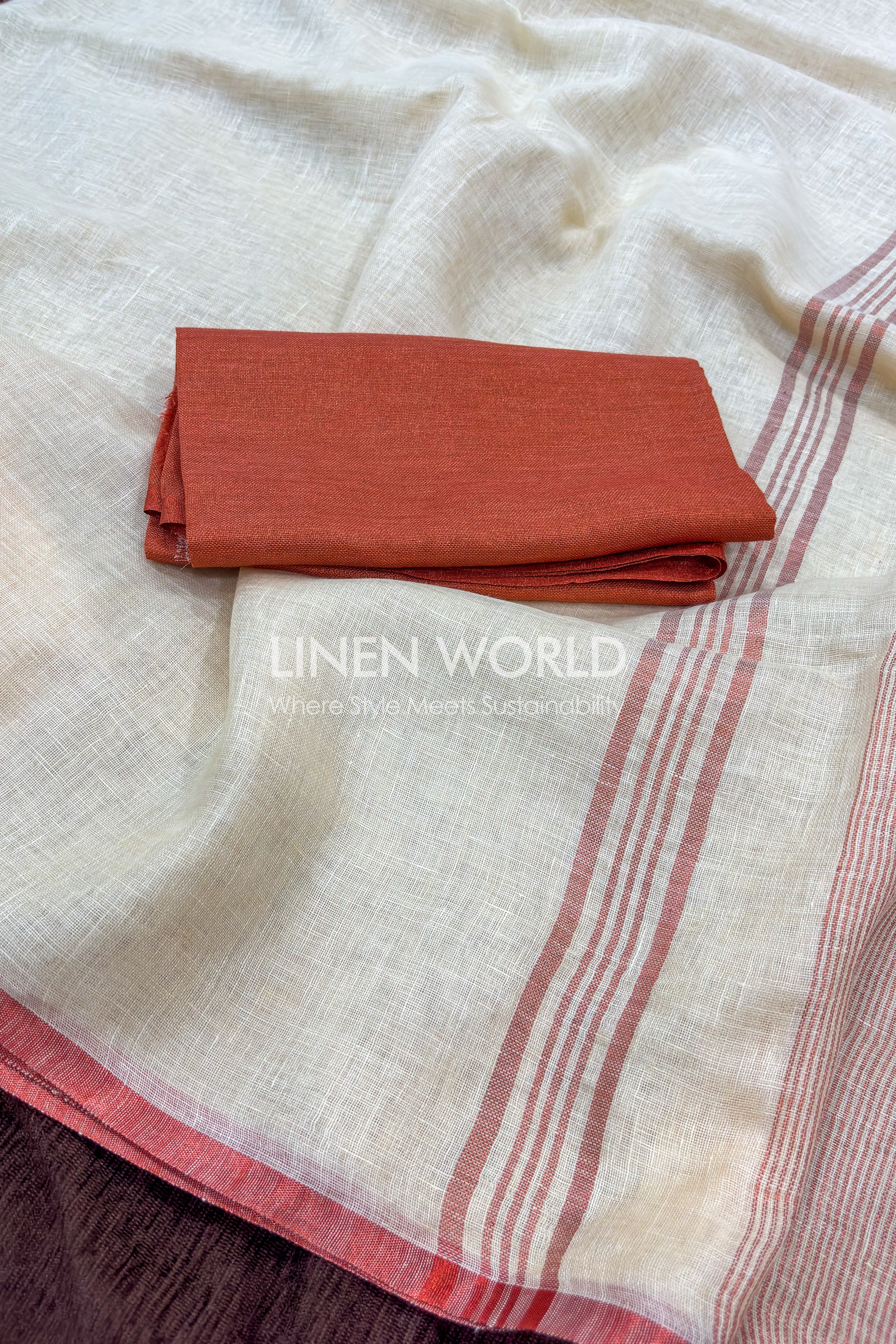 Handwoven cream linen saree withrose gold border by linen world, onam special