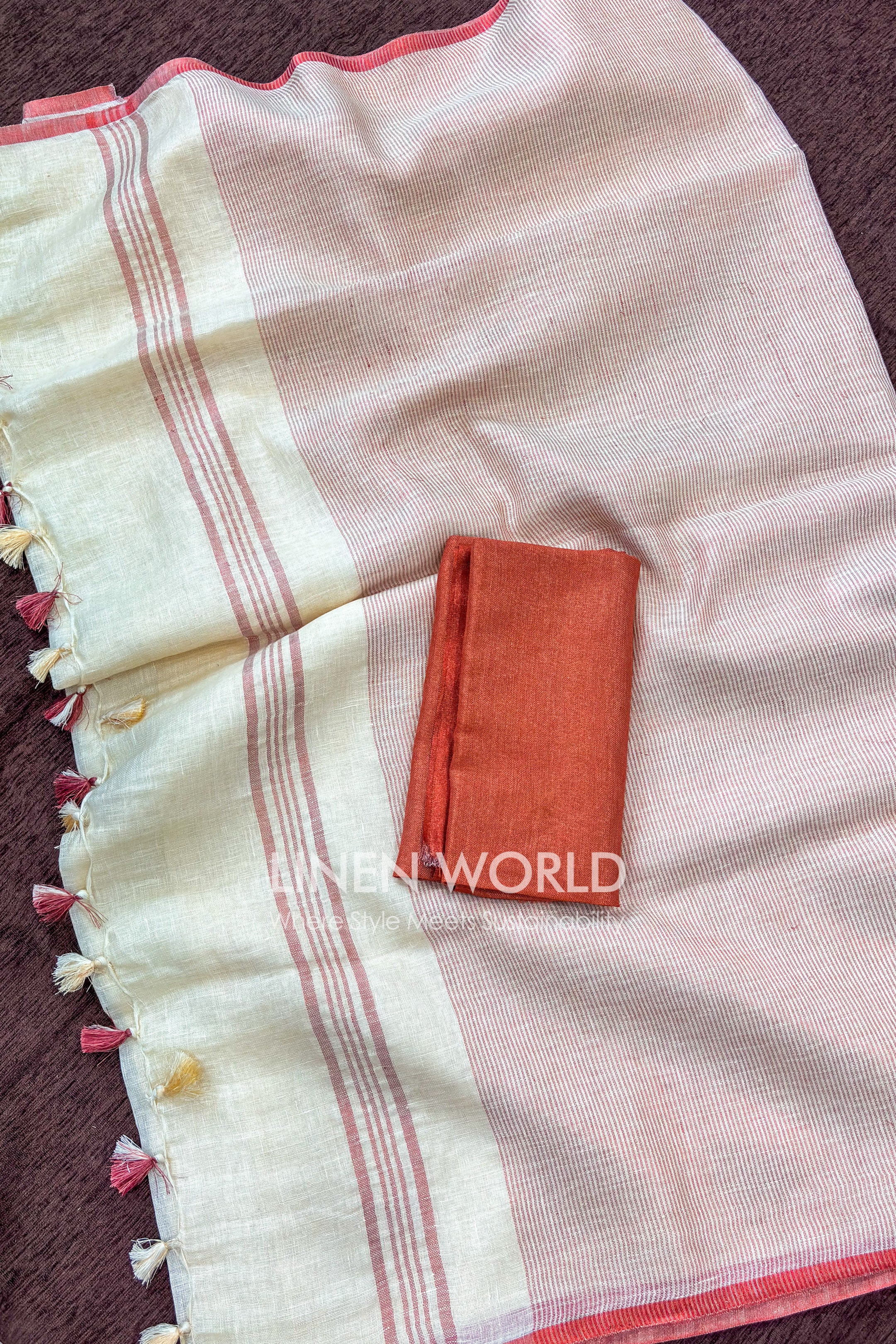Pure linen saree with rose-gold border, Onam 2026 exclusive by Linen World