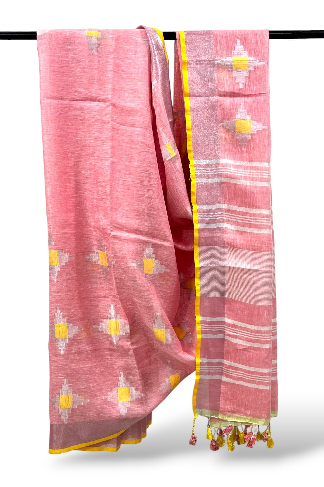 peach dobby woven pure linen saree - linenworldonline.in