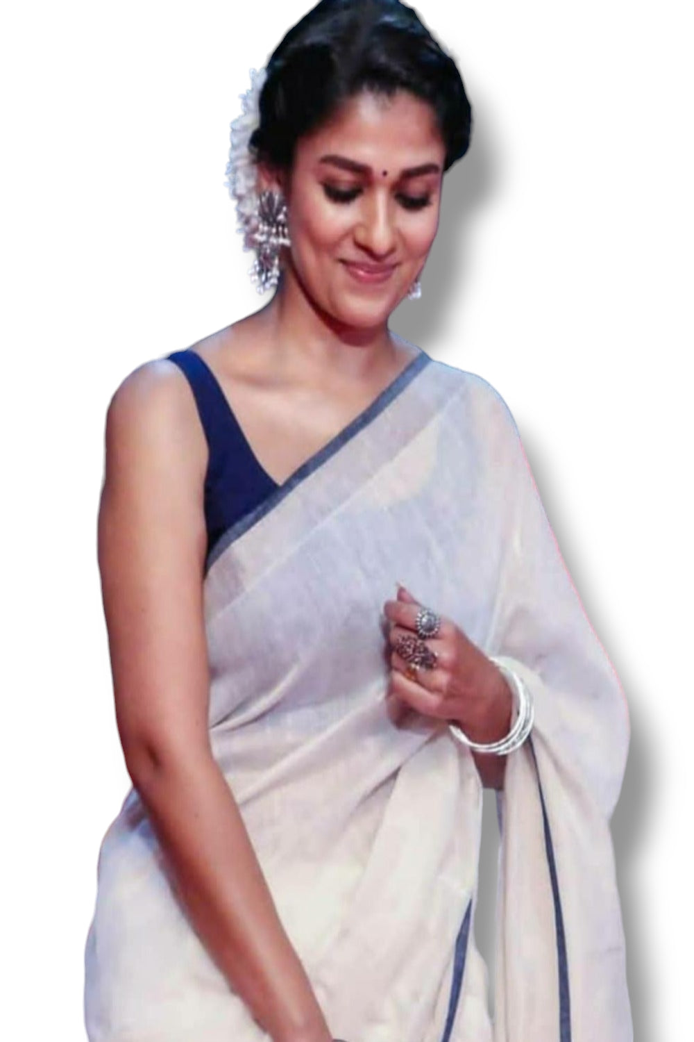 nayanthara in white handloom linen saree - linenworldonline.in