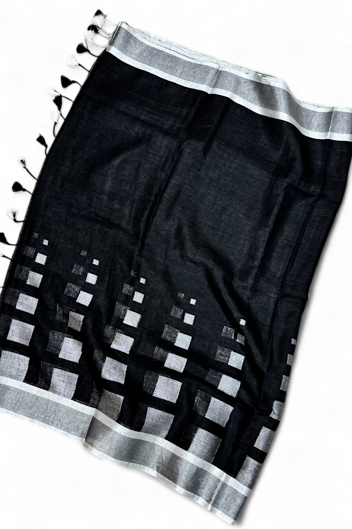 kaalaratri: black dobby woven exclusive organic linen saree - linenworldonline.in