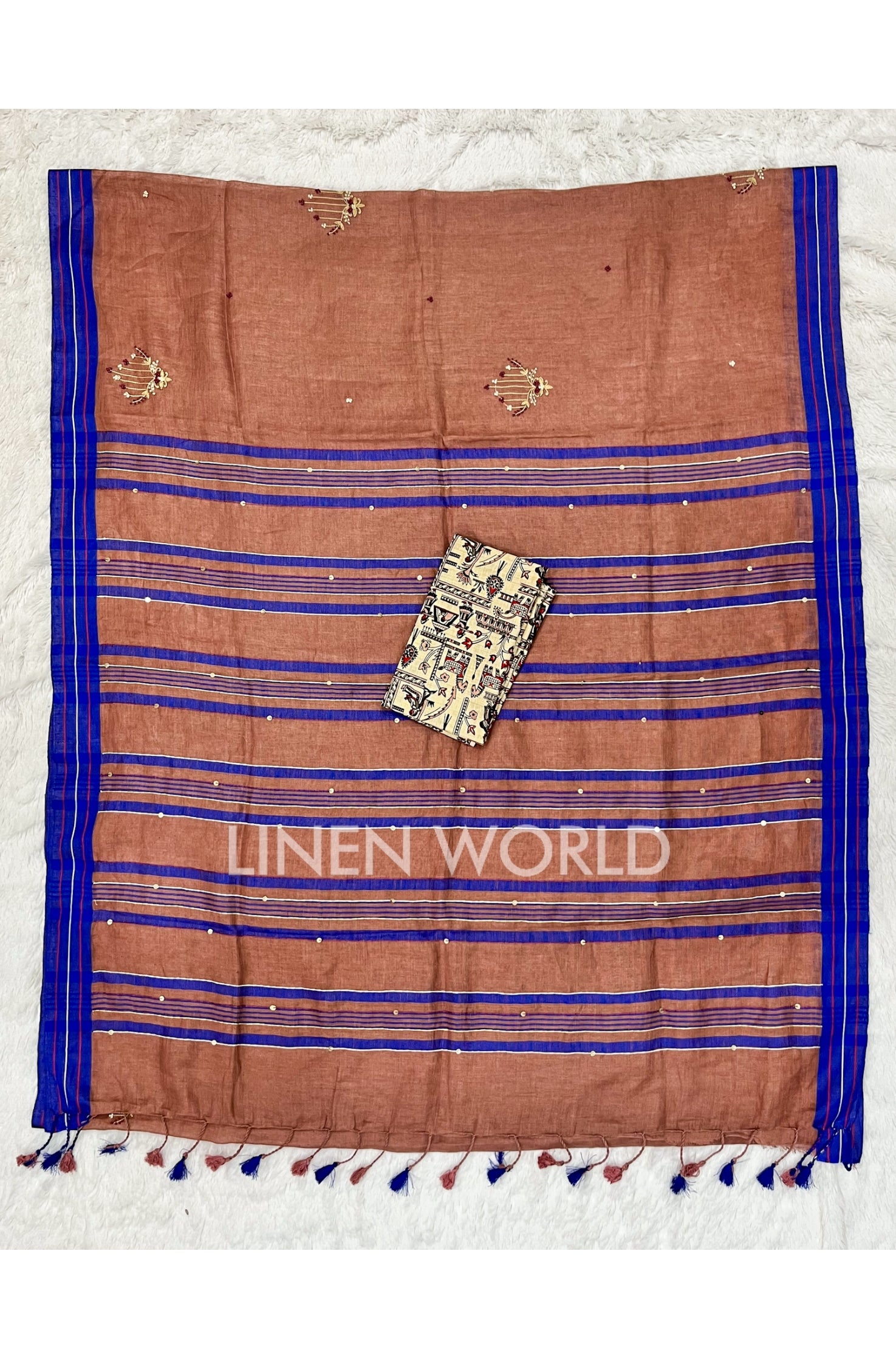 farheen: brown hand embroidered pure linen saree - linenworldonline.in