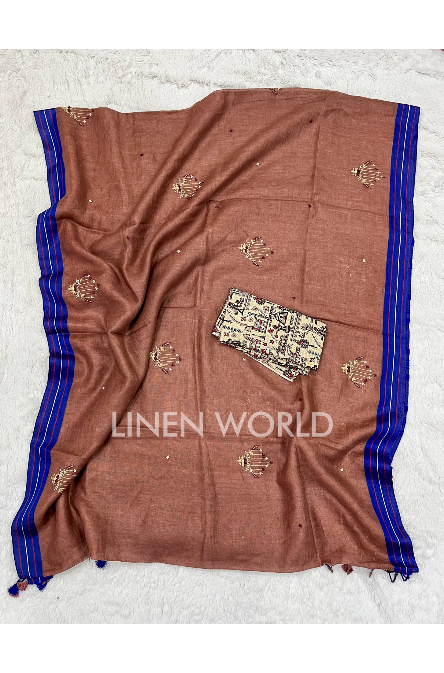farheen: brown hand embroidered pure linen saree - linenworldonline.in