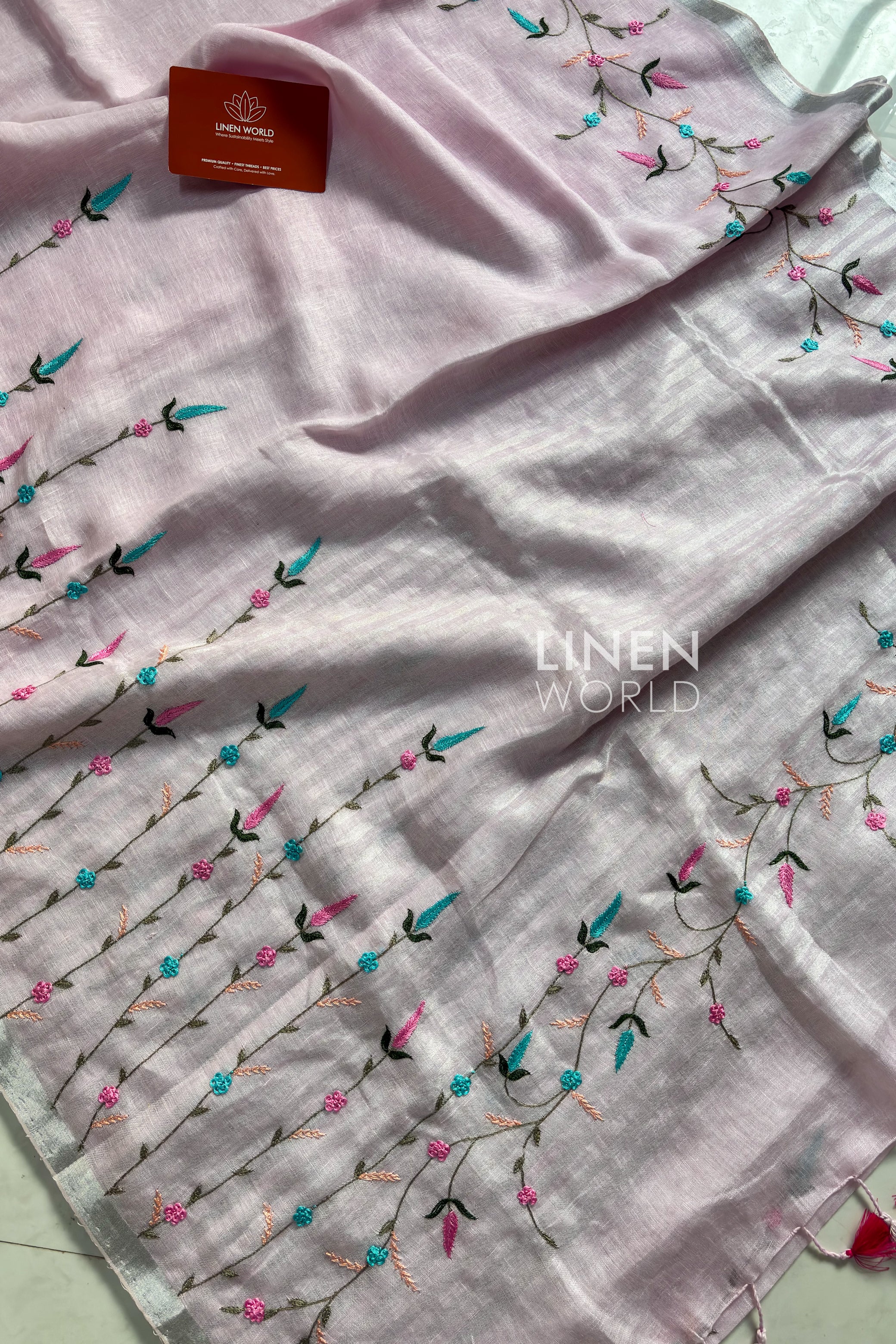 Pure Linen Handmade French Knot Saree by Linen World