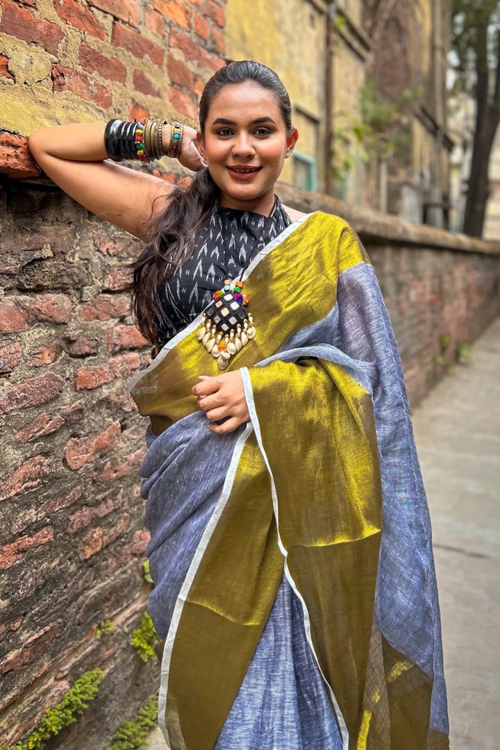 grace - broad gold zari border pure linen saree - linenworldonline.in
