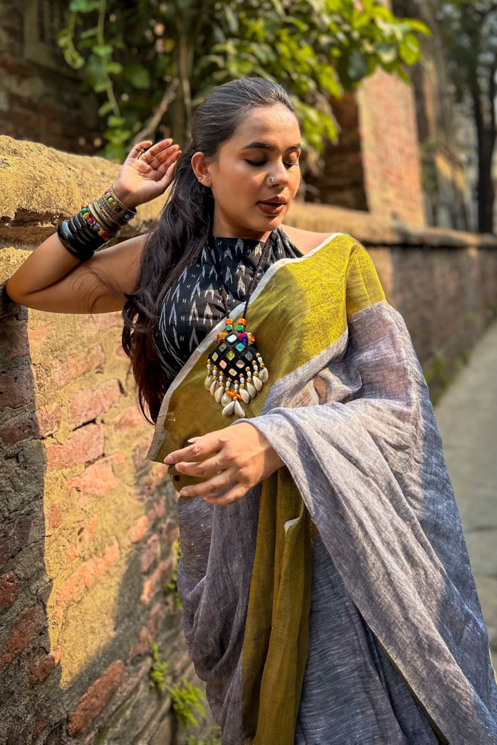 grace - broad gold zari border pure linen saree - linenworldonline.in