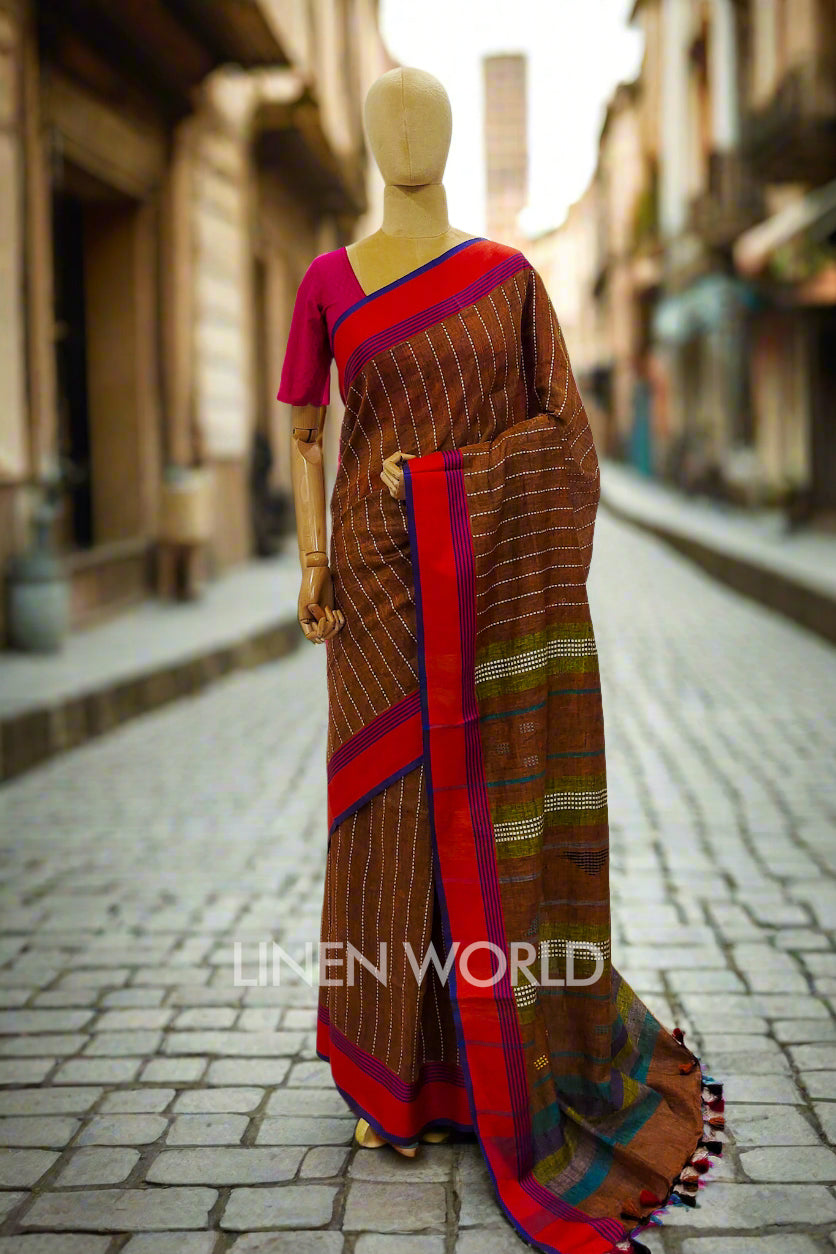 aria (brown handloom kantha linen saree) - linenworldonline.in
