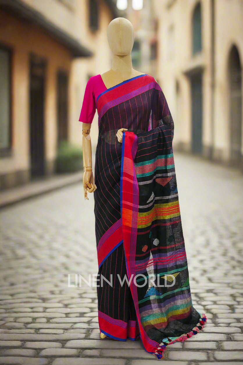 deesha (black handloom kantha linen saree) - linenworldonline.in