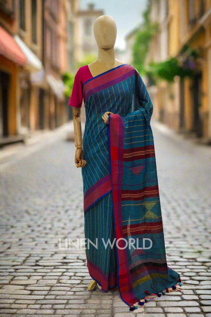 nirja (blue handloom kantha linen saree) - linenworldonline.in