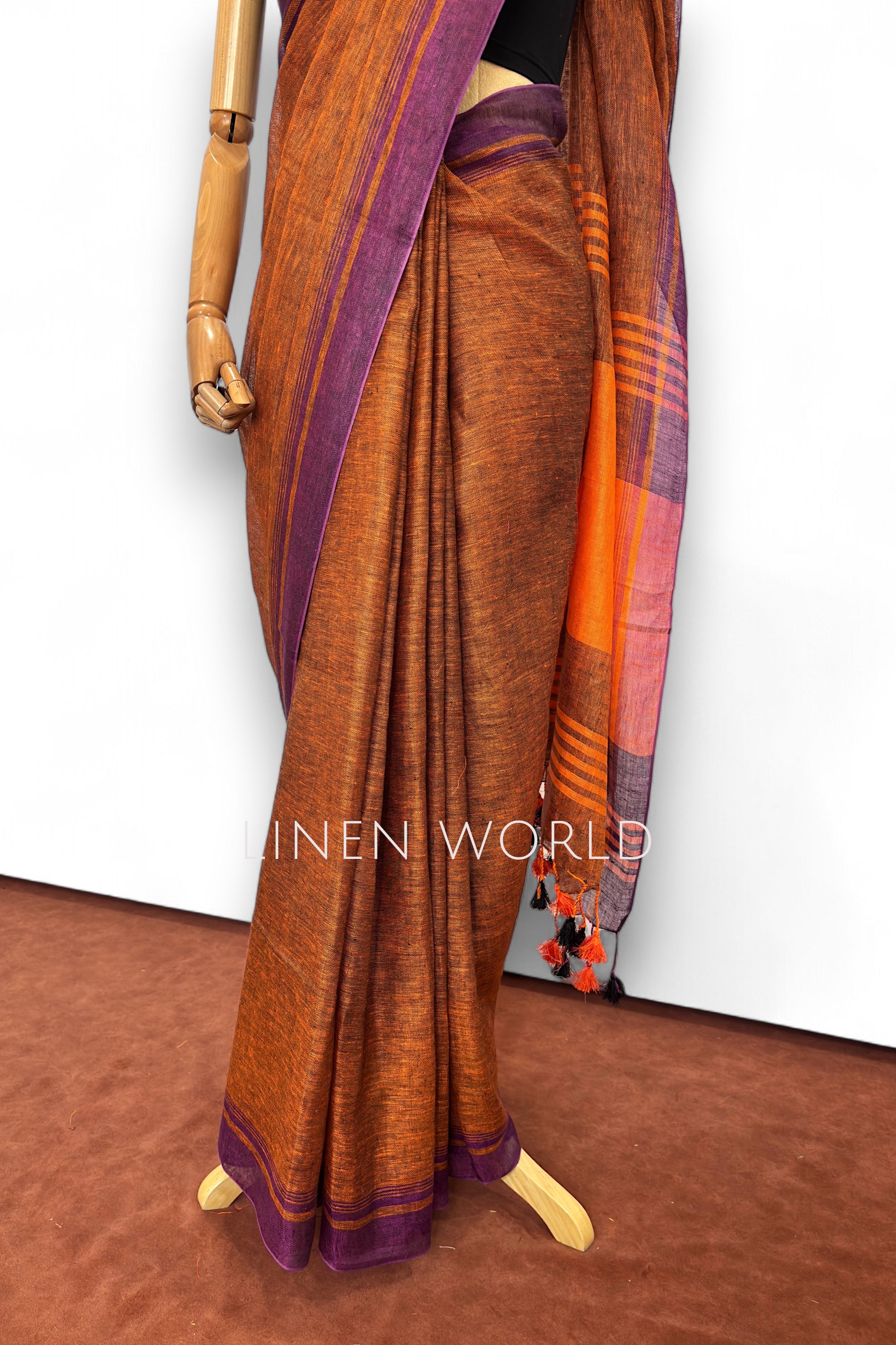 Brown Linen Saree With Tassels – Vanya by Linen World for Everyday Elegance