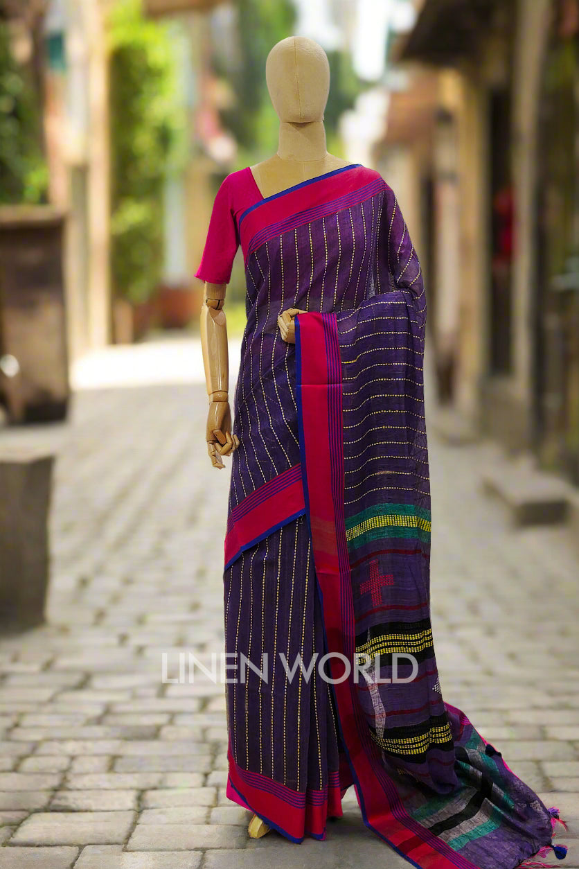 devika (purple handloom kantha linen saree) - linenworldonline.in